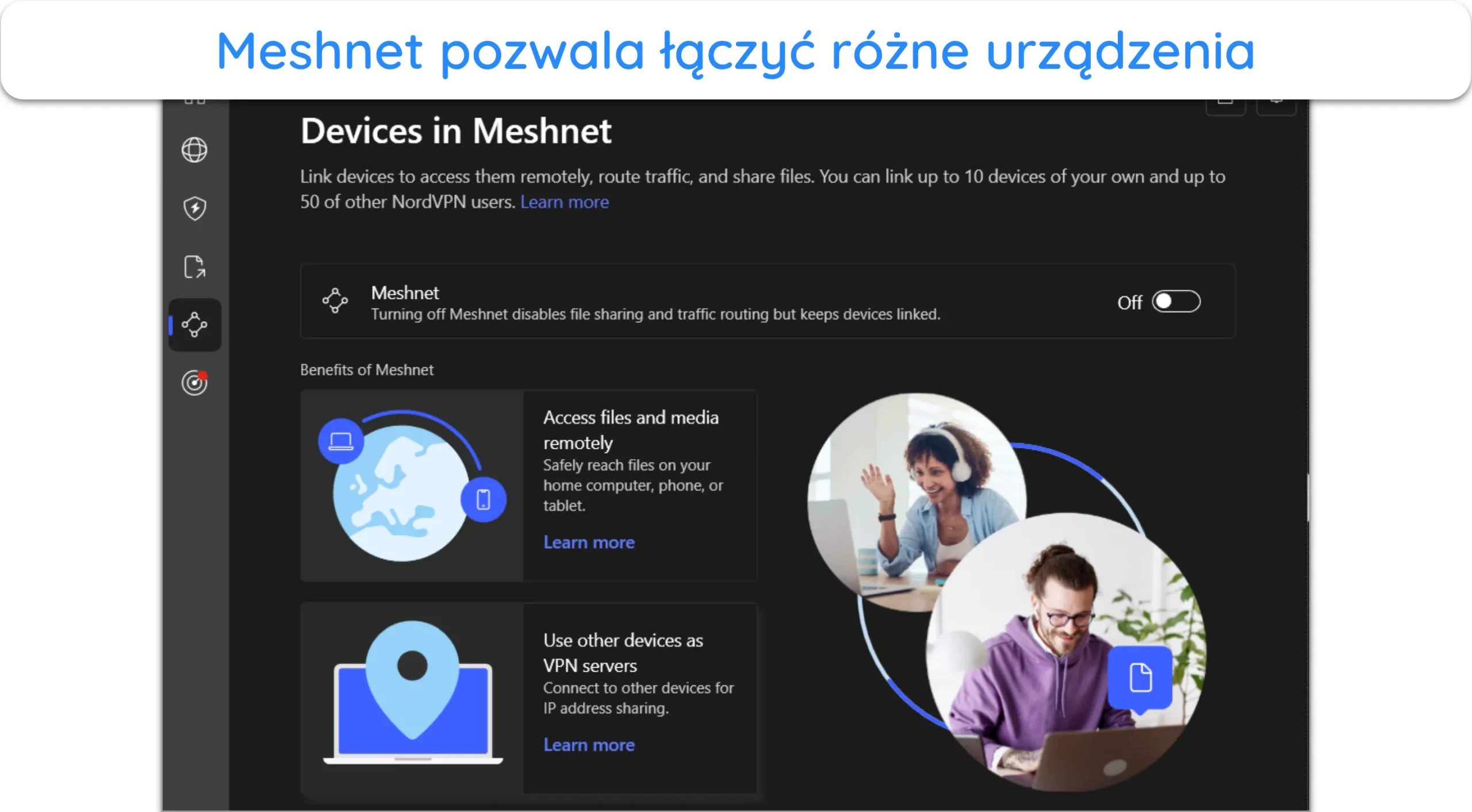 Zrzut ekranu funkcji Meshnet NordVPN.