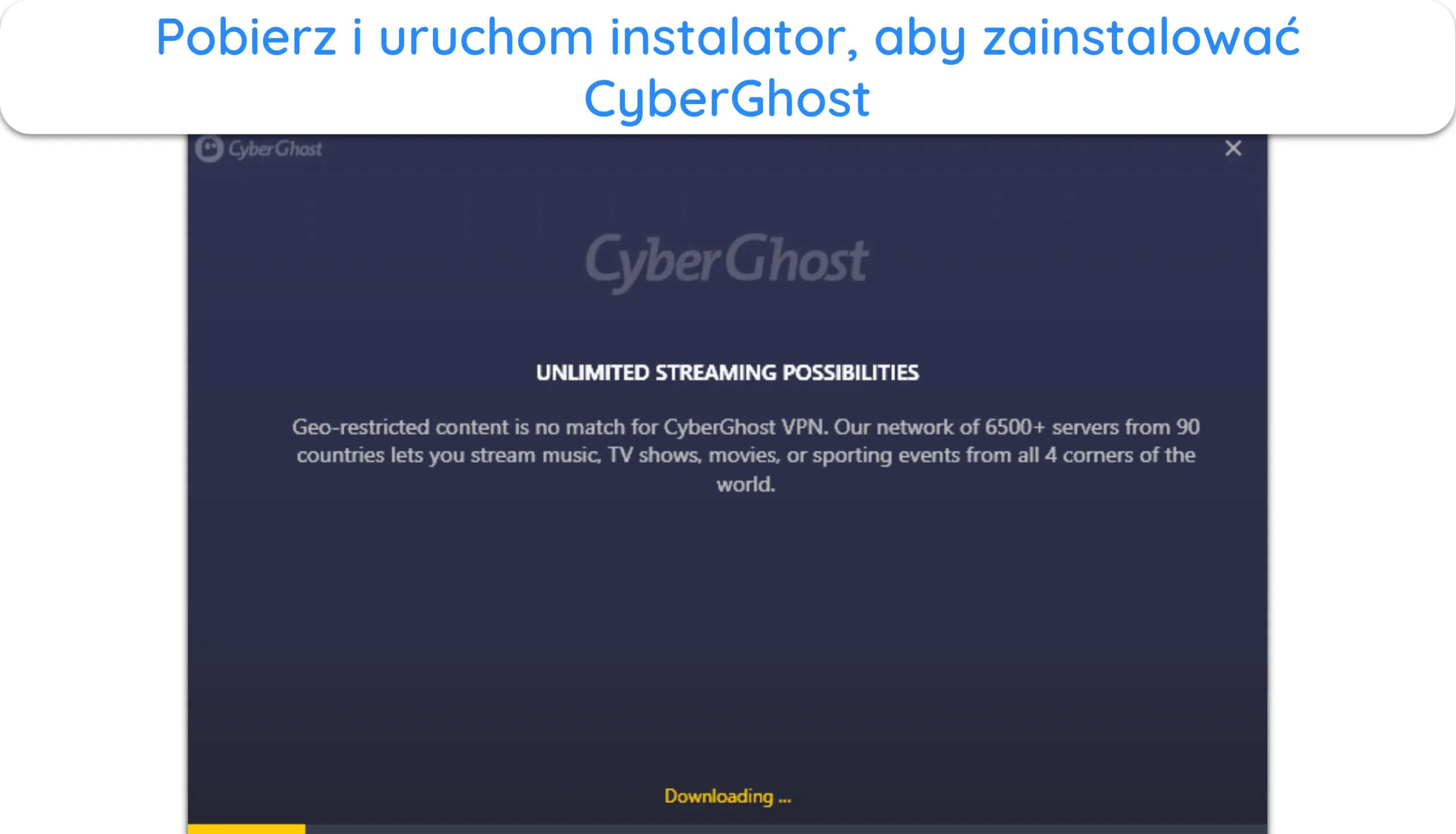 Zrzut ekranu pokazujący instalację CyberGhost w trakcie instalacji w systemie Windows.