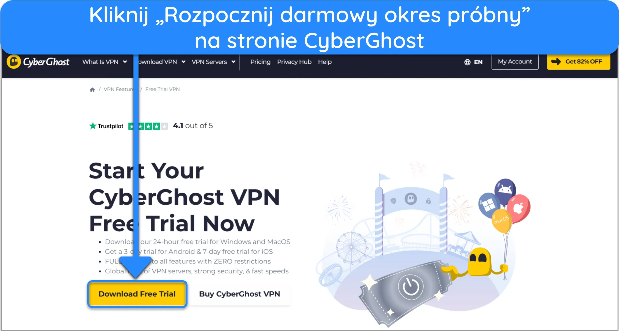 Zrzut ekranu pokazujący, jak uzyskać bezpłatną wersję próbną CyberGhost z oficjalnej strony internetowej.