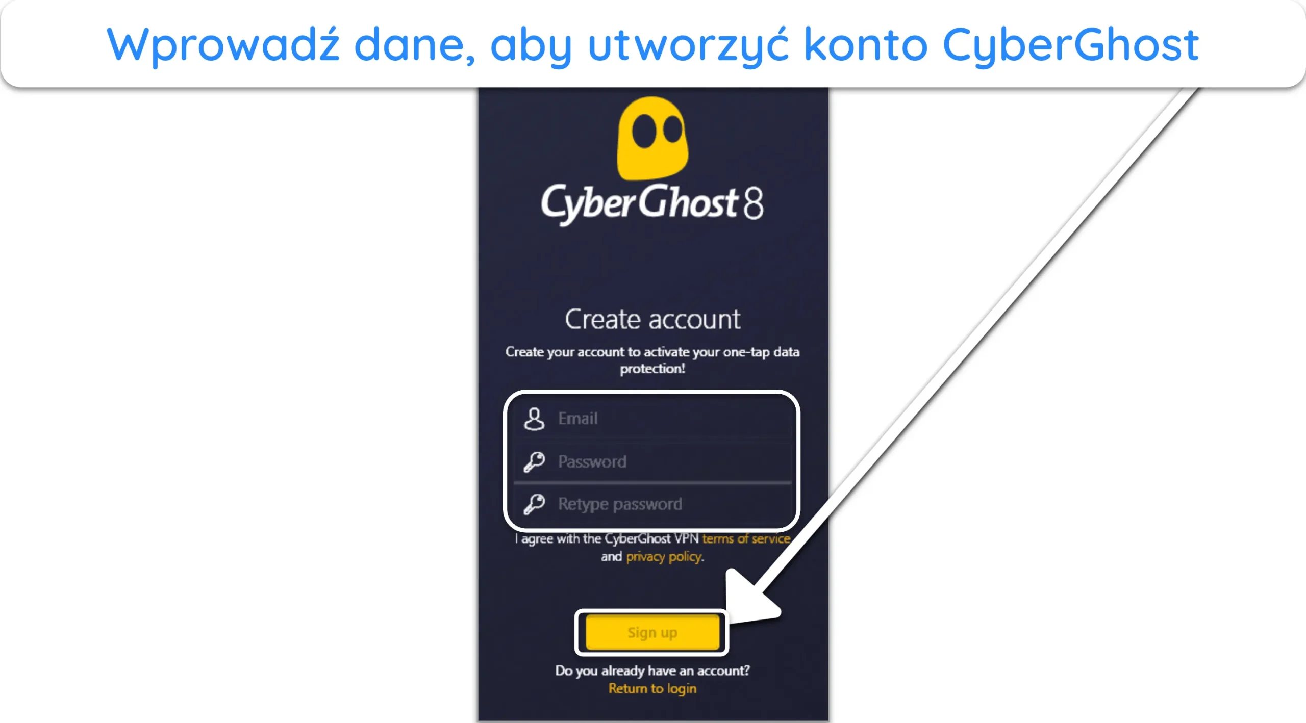 Zrzut ekranu pokazujący, jak zakończyć rejestrację w CyberGhost.