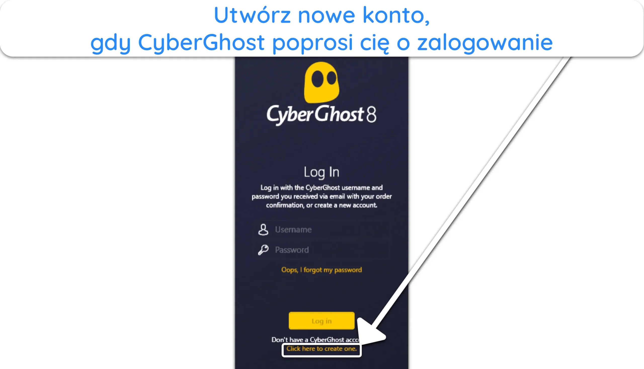 Zrzut ekranu pokazujący, jak uzyskać dostęp do strony rejestracji w aplikacji CyberGhost.