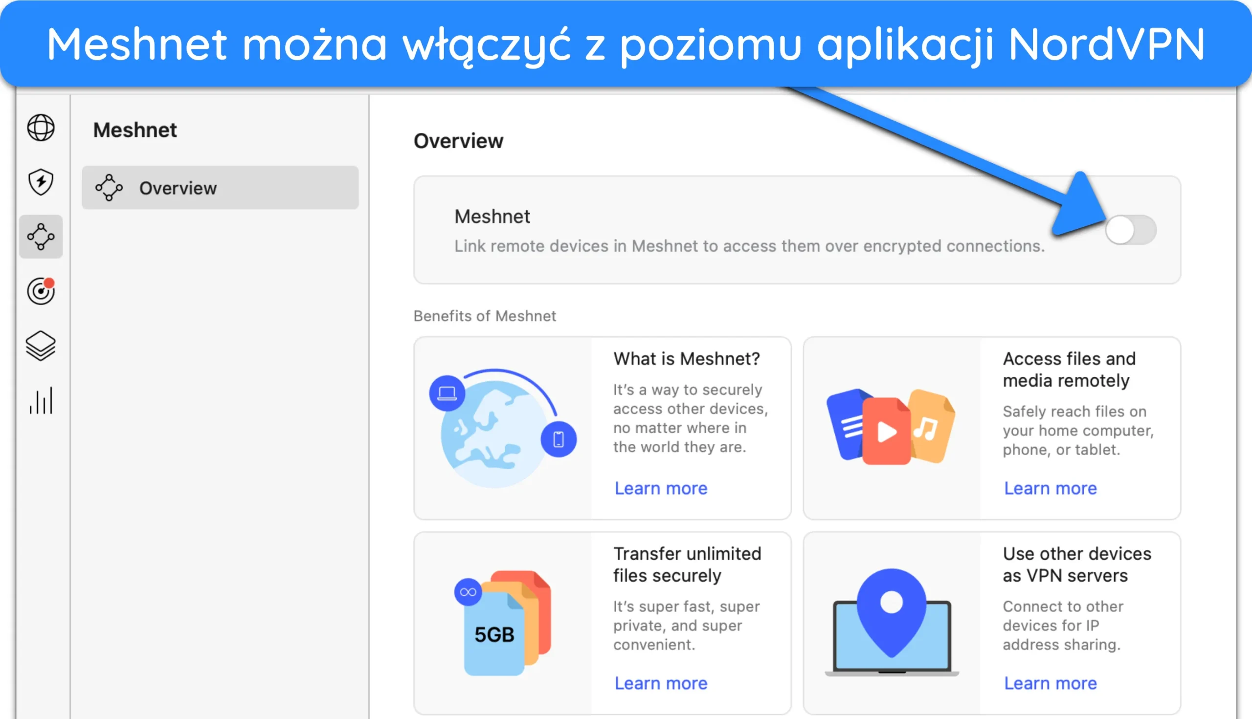 Zrzut ekranu pokazujący, jak włączyć Meshnet w aplikacji NordVPN na komputerze Mac.