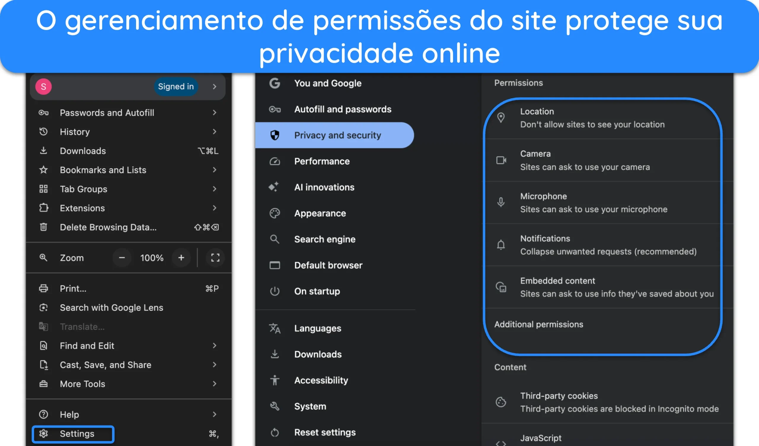 Captura de tela de como gerenciar permiss&otilde;es de site no Google Chrome.