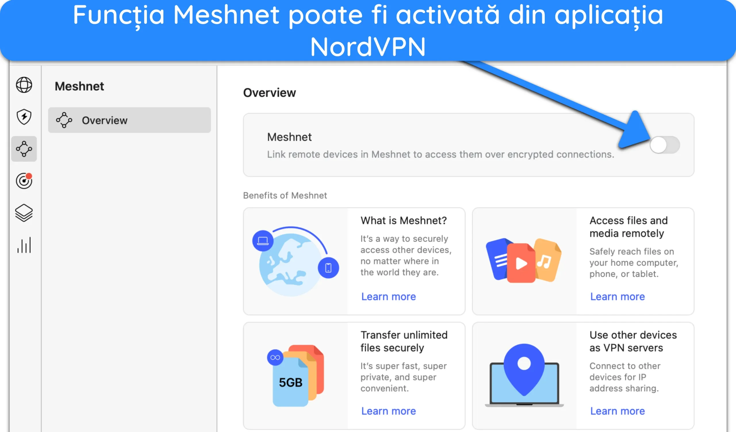 Captură de ecran despre cum să comutați pe Meshnet pe aplicația NordVPN Mac.