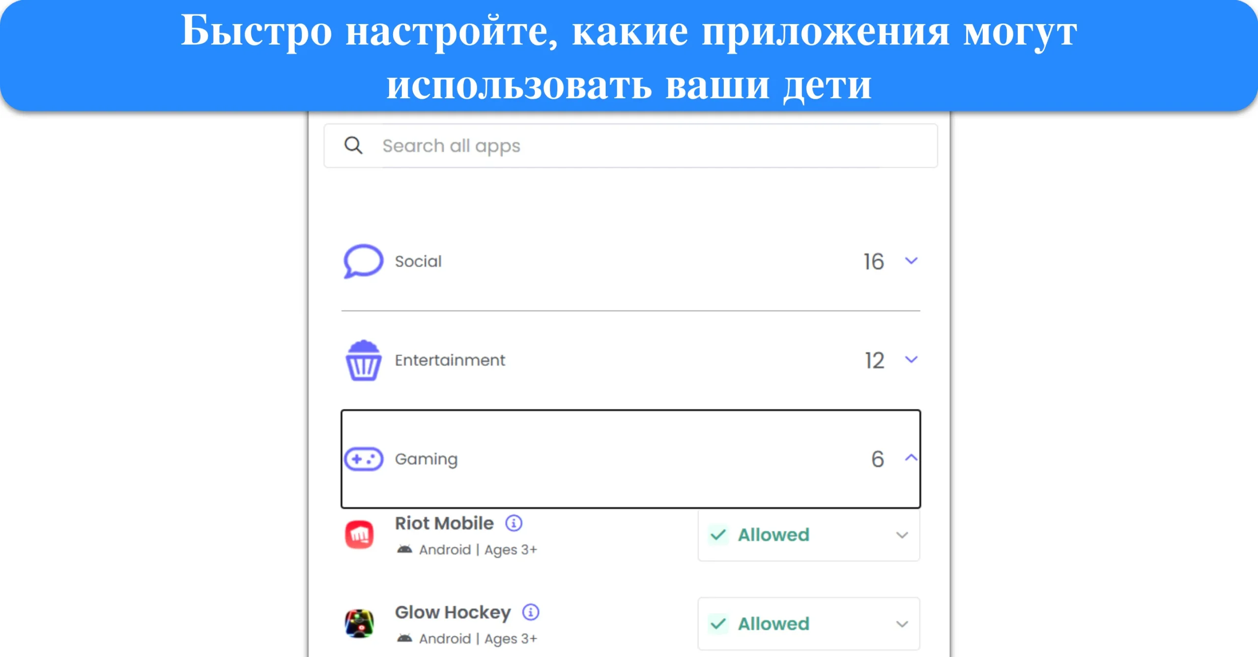 Снимок экрана Qustodio, организующего приложения по категориям.