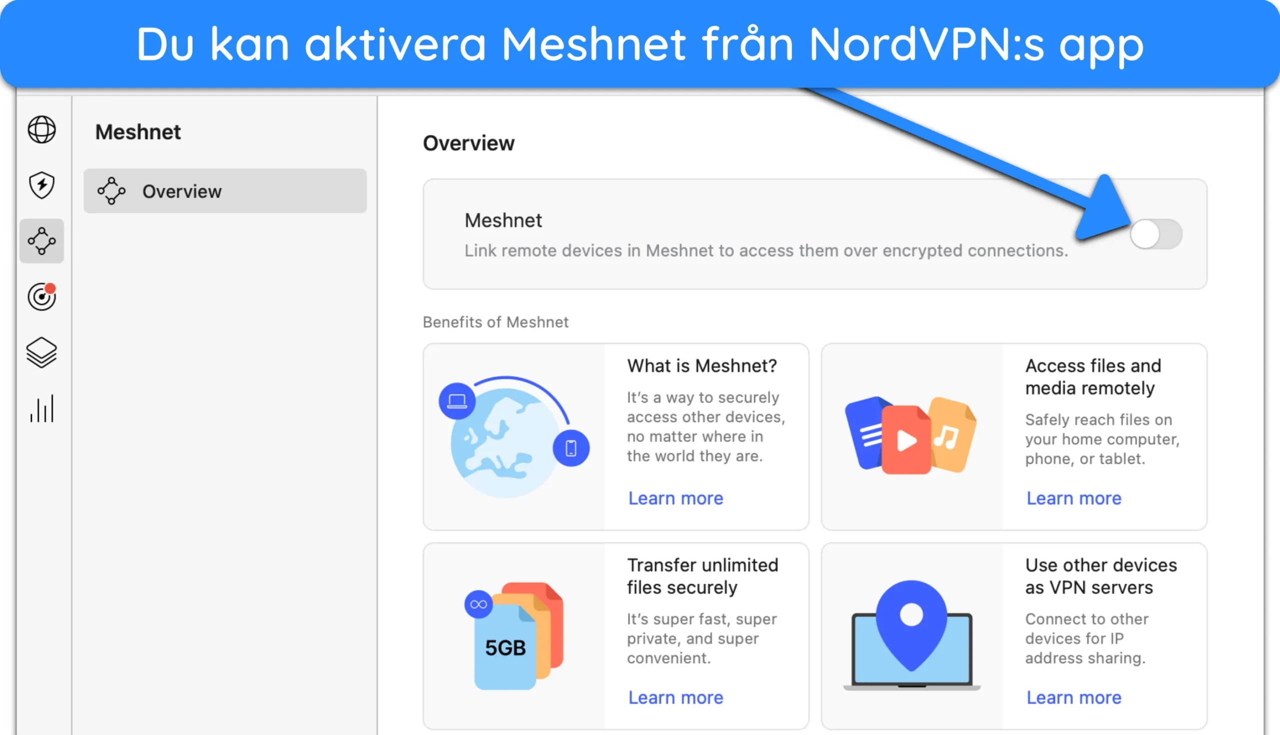 Skärmdump av hur man växlar på Meshnet på NordVPN Mac-appen.