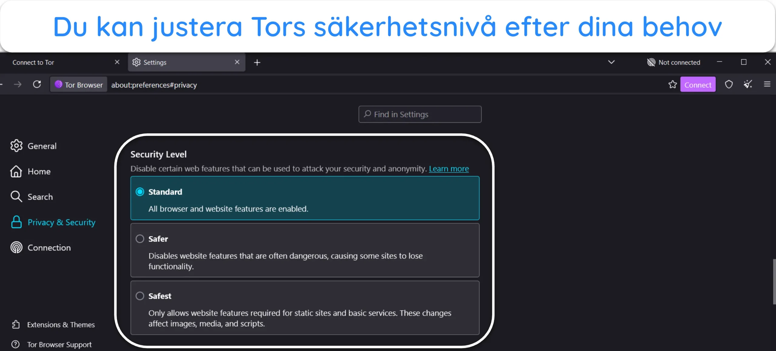 Sk&auml;rmdump som visar alternativet S&auml;kerhetsniv&aring; i Tors inst&auml;llningar