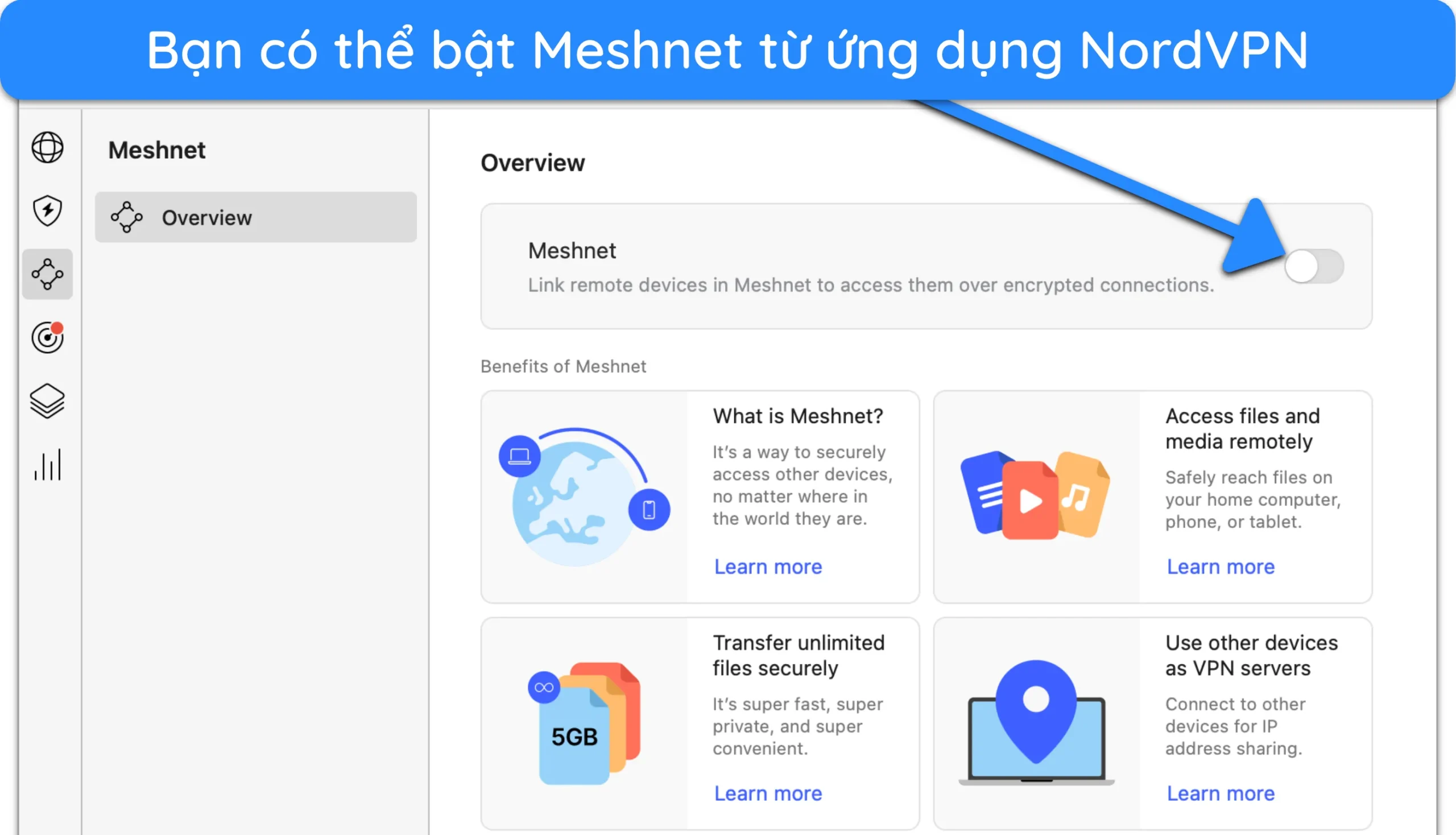 Ảnh chụp màn hình cách bật Meshnet trên ứng dụng NordVPN Mac.