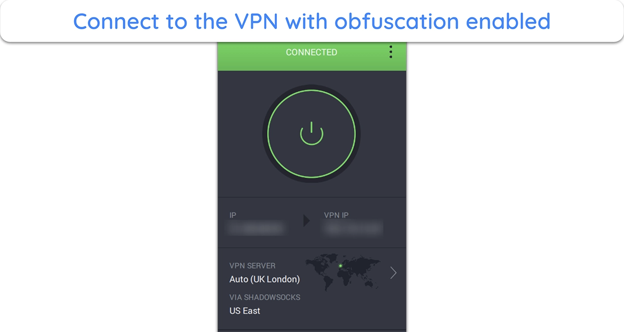 Screenshot showing PIA routing traffic through a US server that supports obfuscation