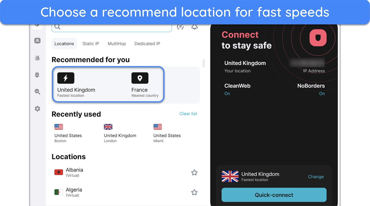 Screenshot showing how to connect to a Surfshark server