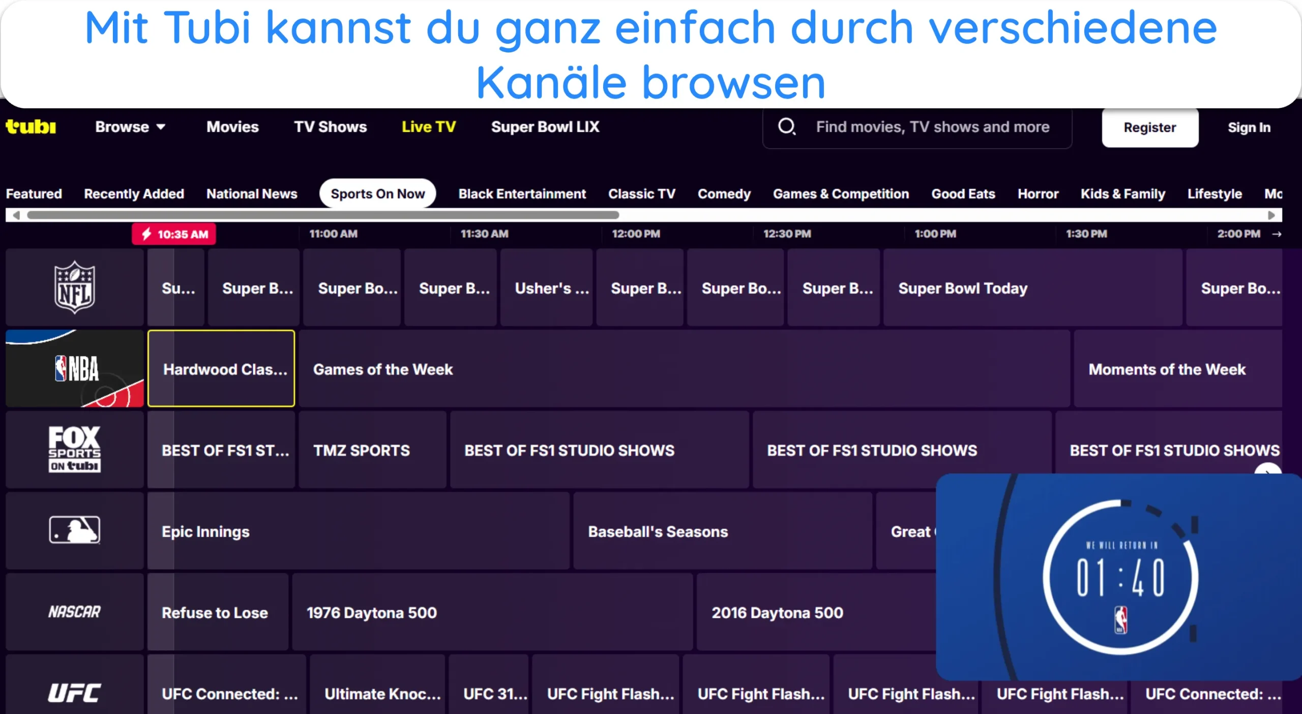 Screenshot der Navigation durch die verschiedenen Tubi-Kan&auml;le.