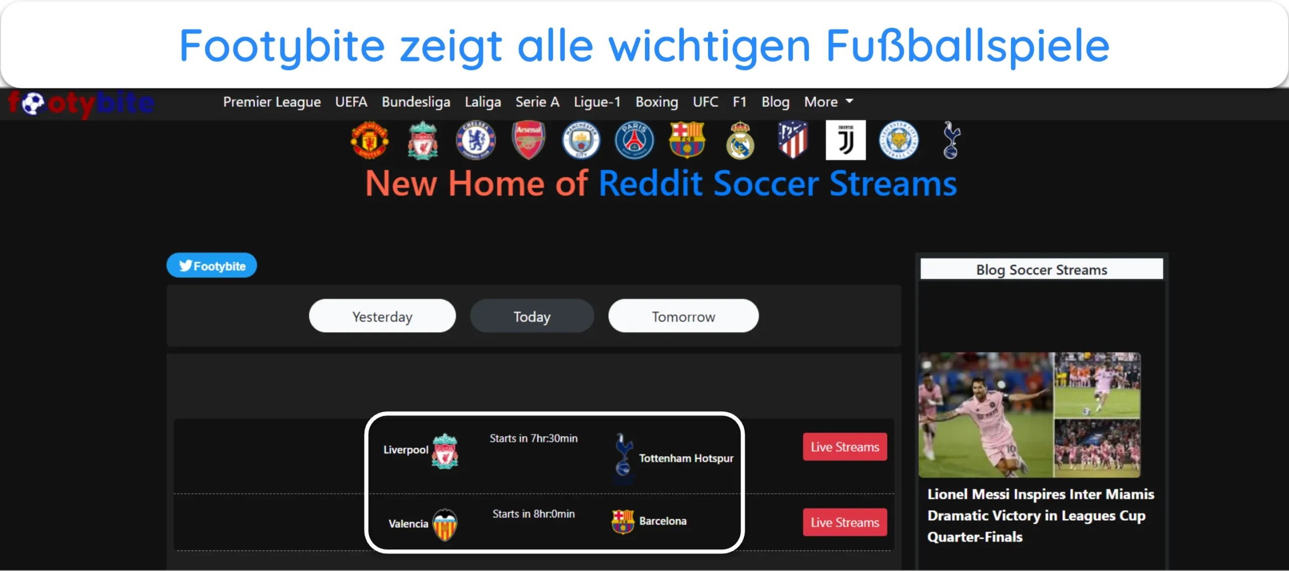 Screenshot von FootyBite mit wichtigen bevorstehenden Fu&szlig;ballspielen.