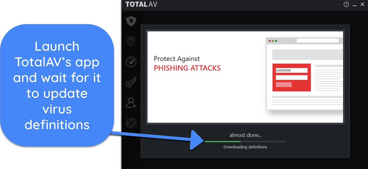 Screenshot of TotalAV downloading and updating the latest virus definitions