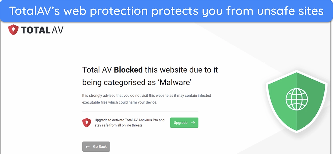 Screenshot of TotalAV's WebShield extension blocking an unsafe website