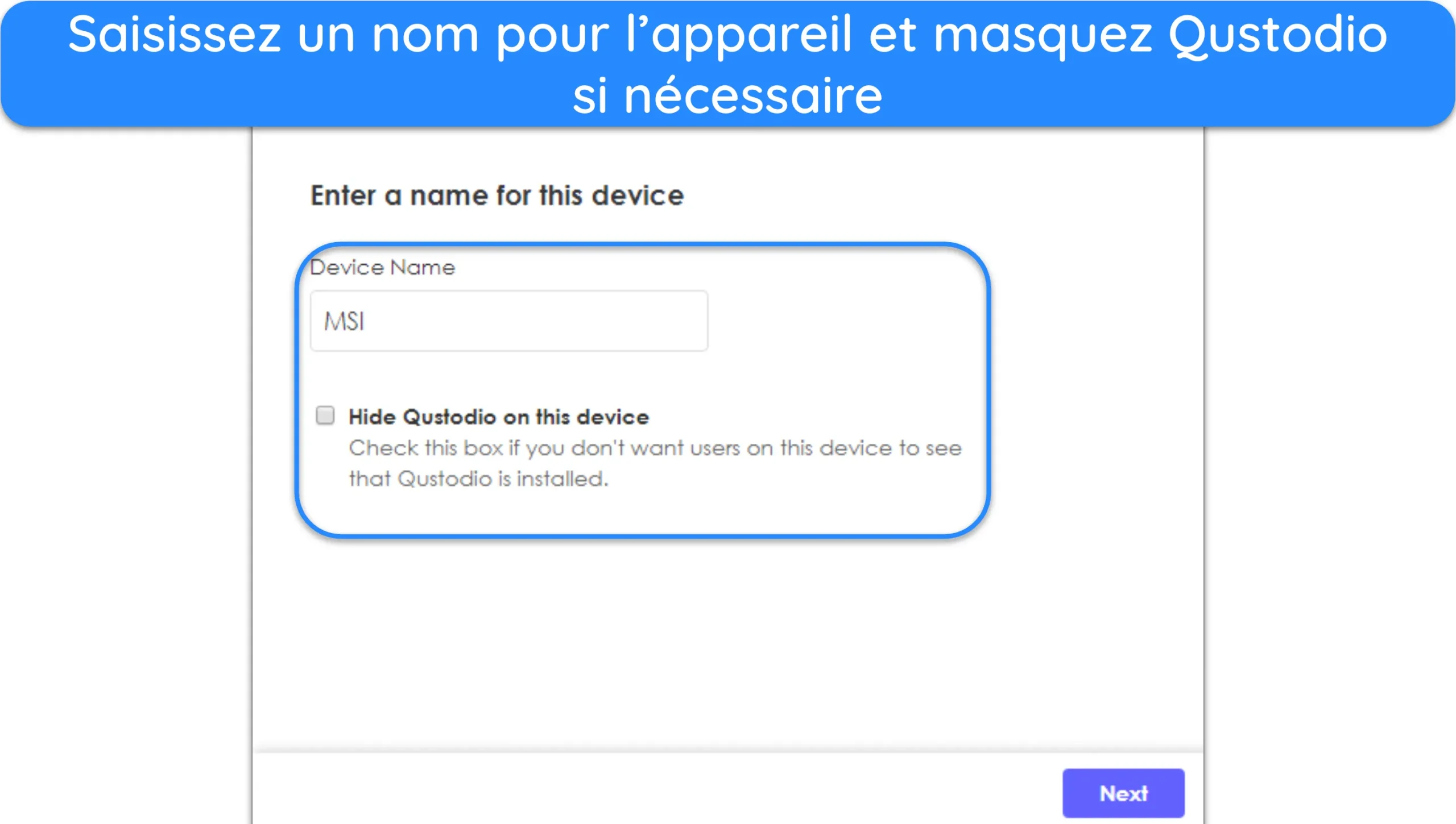 Capture d'écran de la configuration Qustodio de l'appareil Windows d'un enfant.