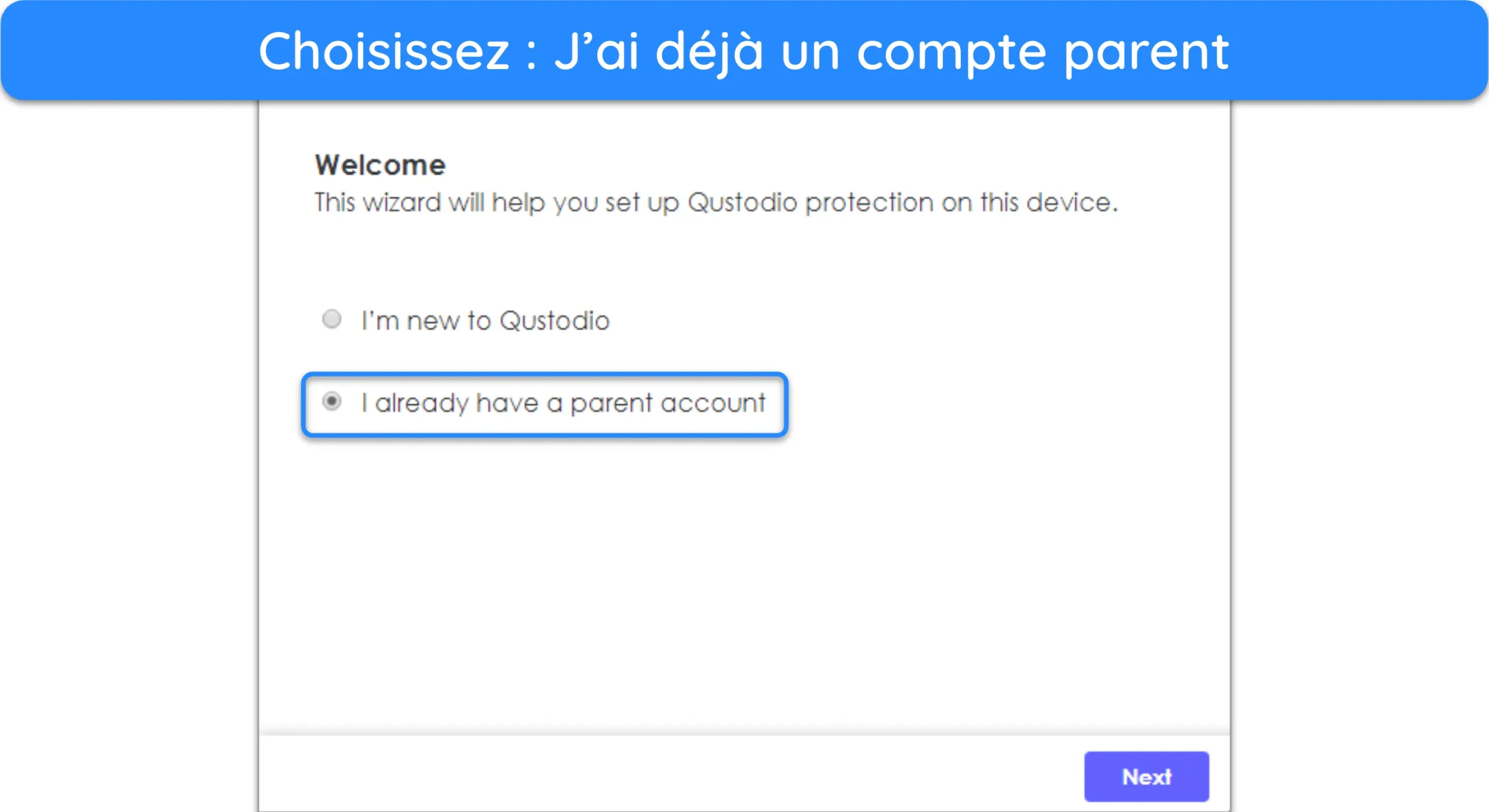 Capture d'écran montrant Qustodio demandant la connexion à un compte parent.