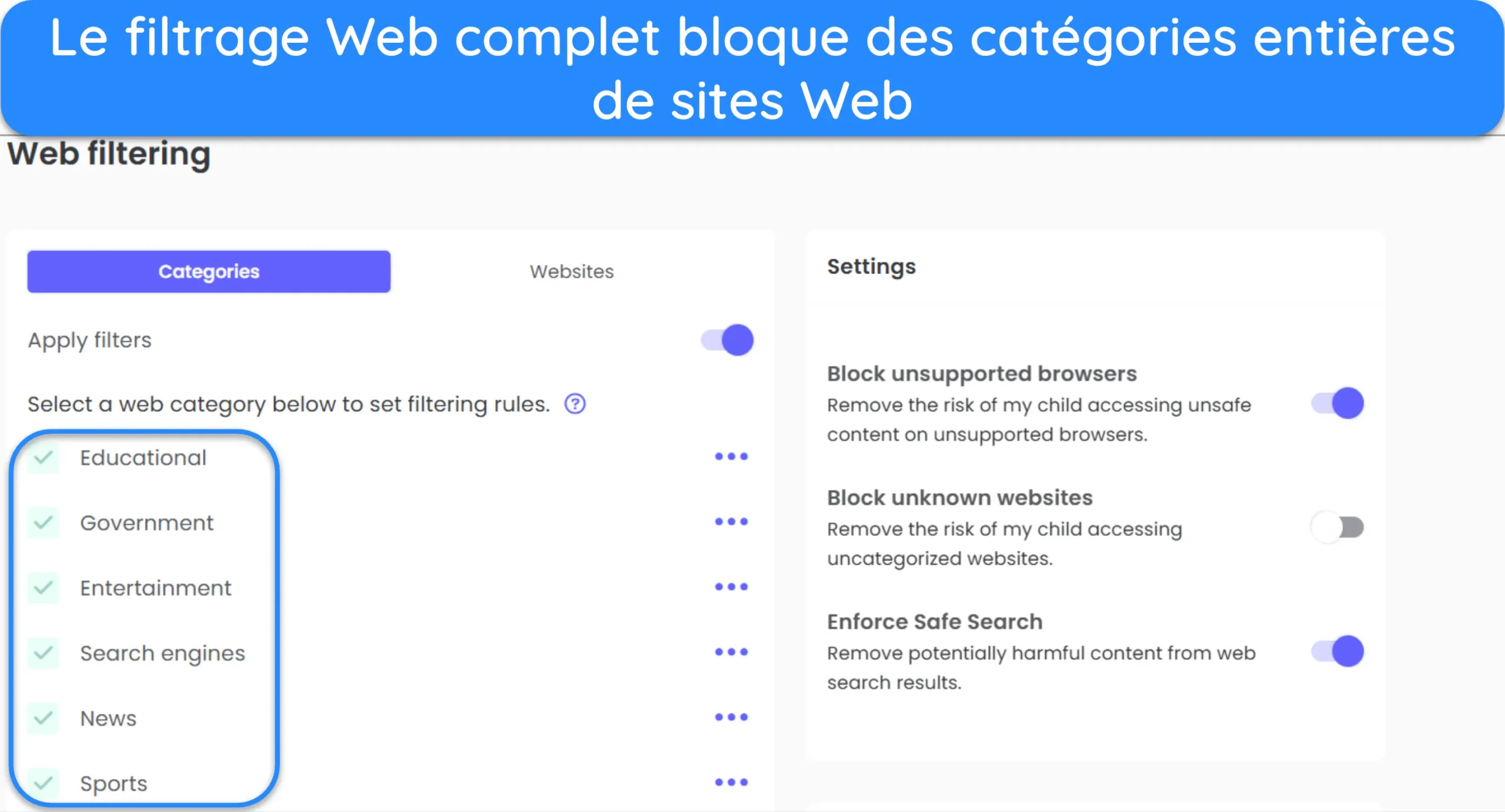 Capture d'écran montrant la fonctionnalité de filtrage web dans Qustodio.