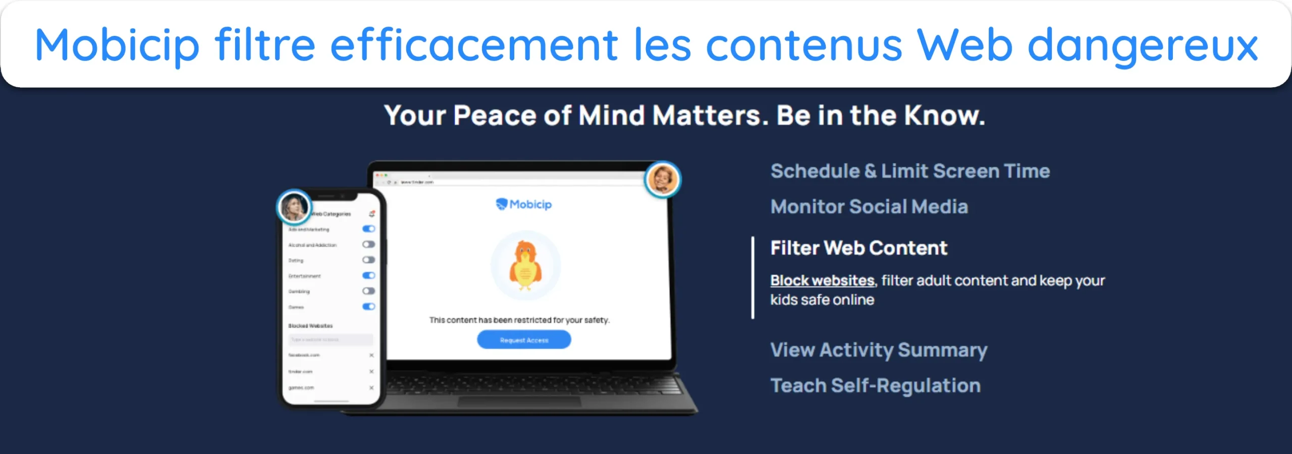 Capture d'écran mettant en avant la fonctionnalité de filtrage web de Mobicip.