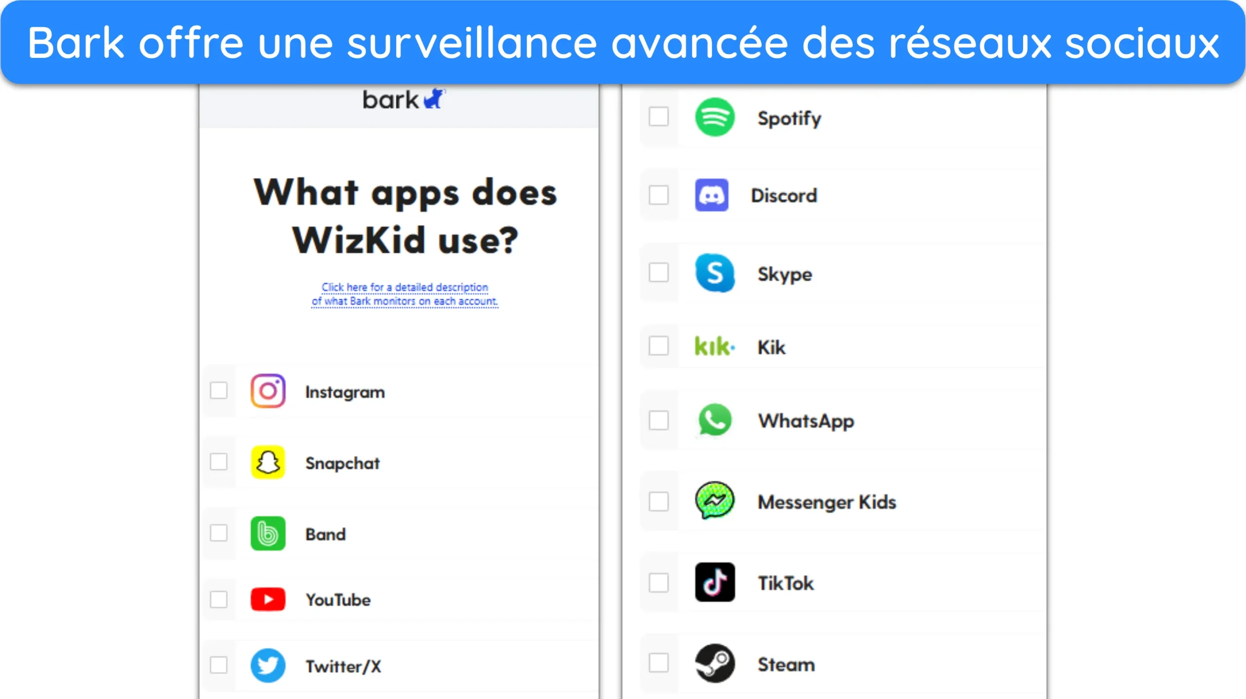 Capture d'écran montrant les applications de réseaux sociaux surveillées par Bark.