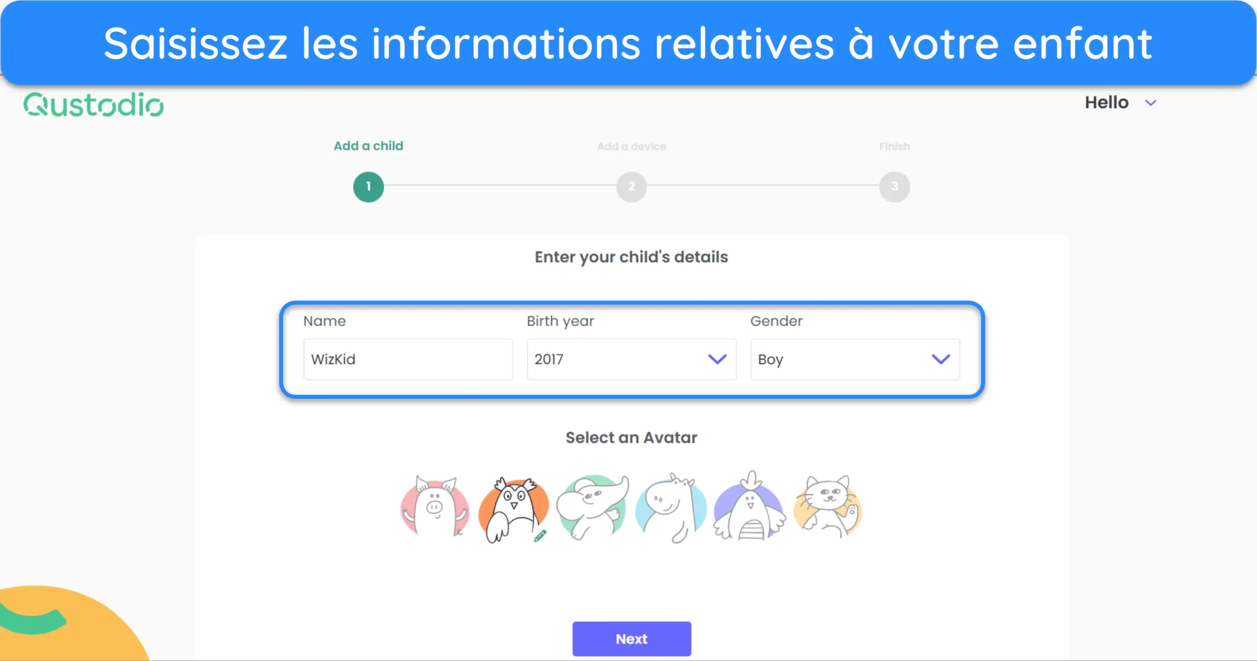 Capture d'écran montrant comment ajouter un nouvel enfant à Questodio.