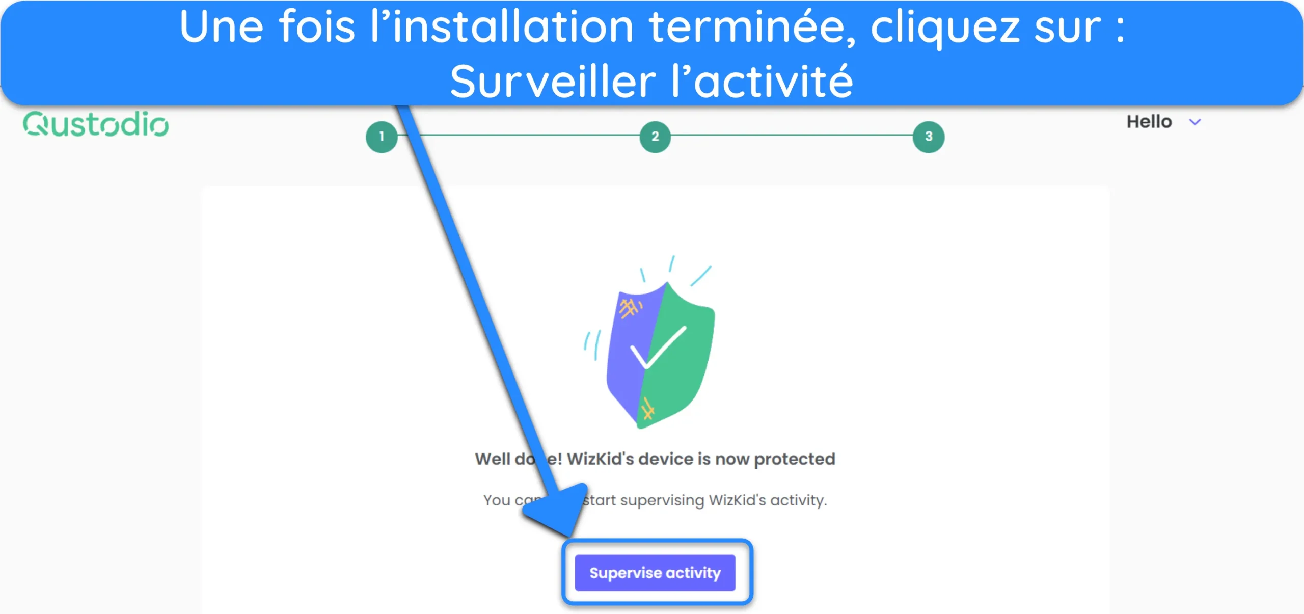 Capture d'écran montrant comment commencer à surveiller l'activité de votre enfant avec Qustodio.