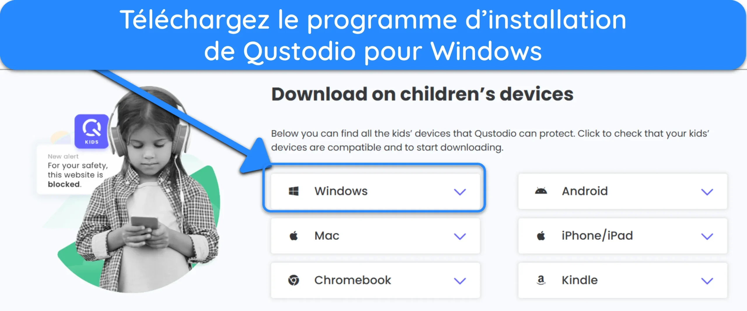 Capture d'écran montrant comment télécharger la configuration de Qustodio pour l'appareil de votre enfant.