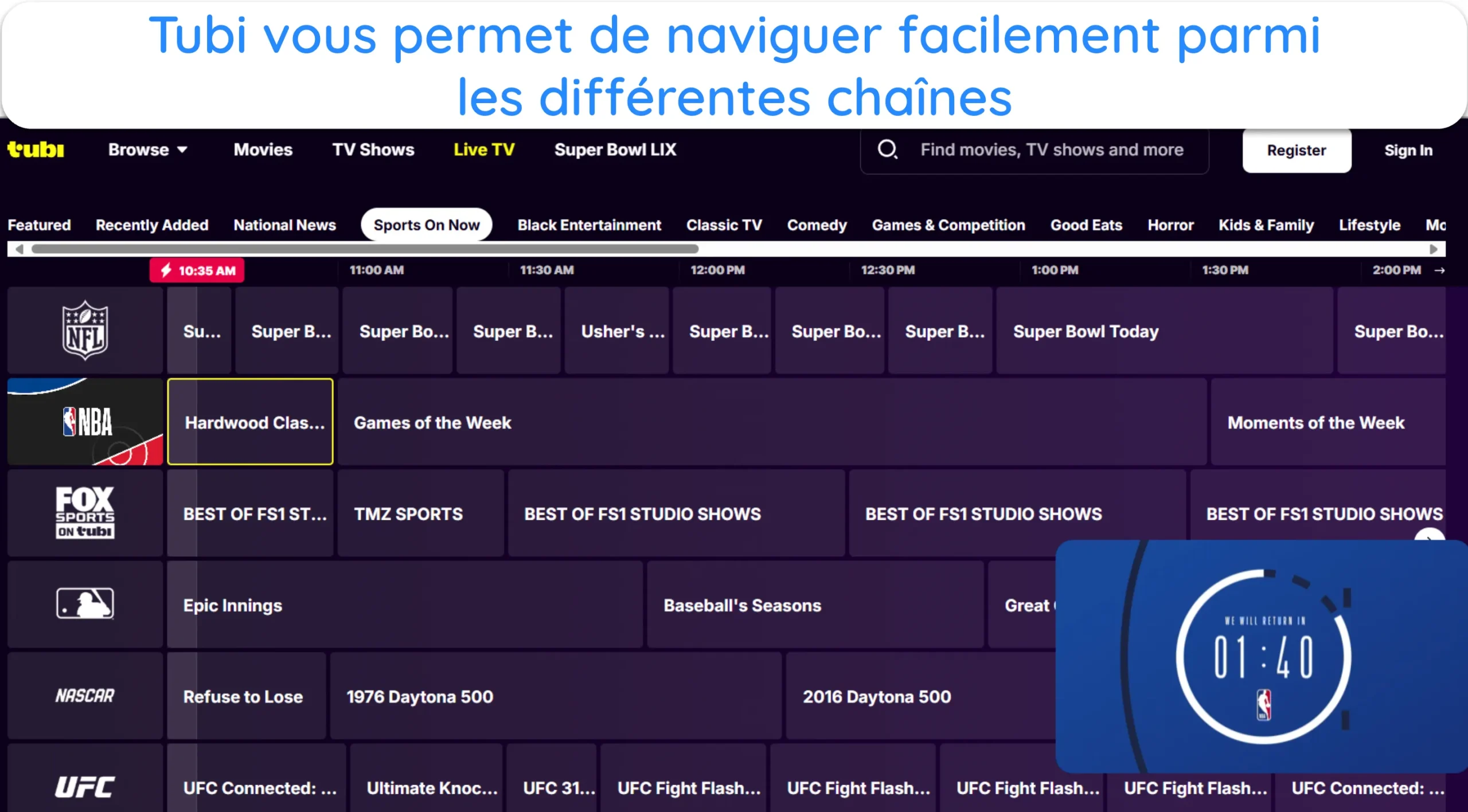 Capture d'écran montrant comment naviguer entre les différentes chaînes de Tubi.