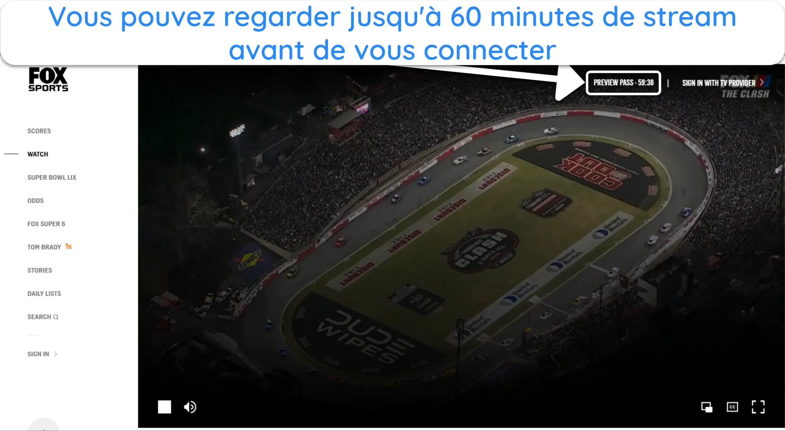 Capture d'écran de Fox Sports proposant 60 minutes de visionnage avant de se connecter.