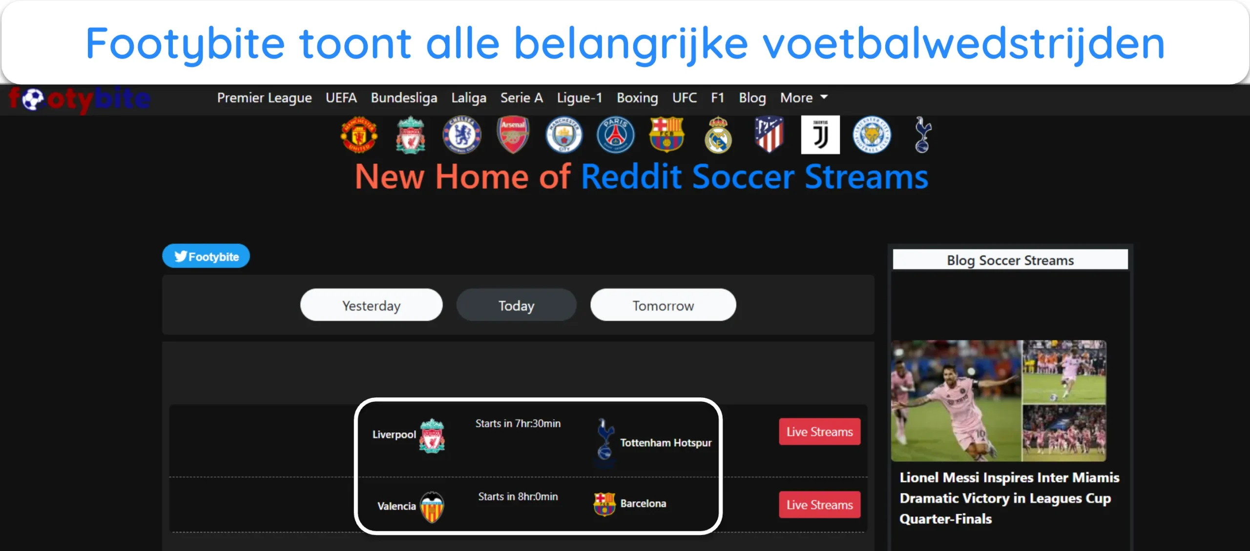 Screenshot van FootyBite met belangrijke aankomende voetbalwedstrijden.