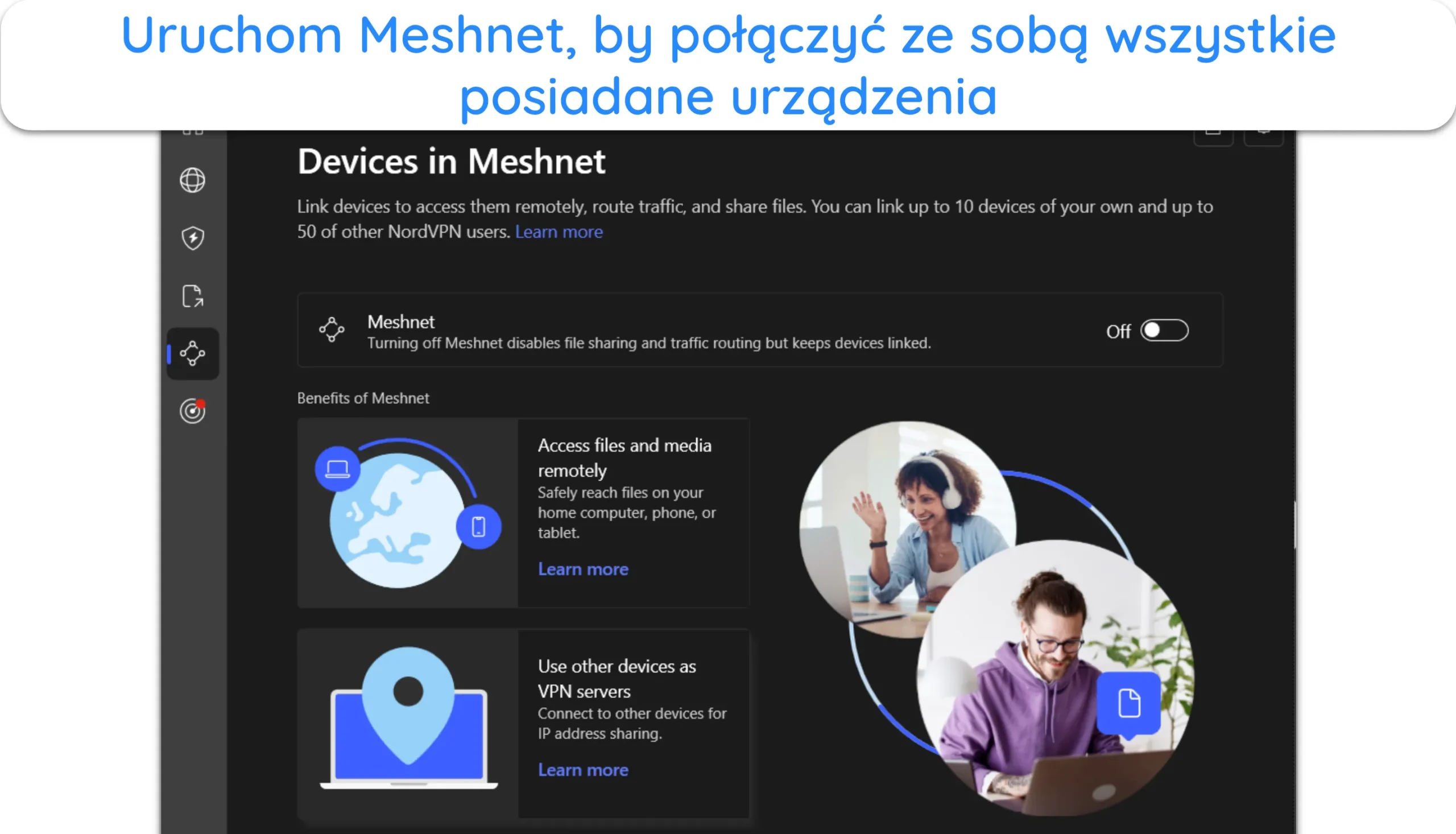 Zrzut ekranu pokazujący funkcję Meshnet w aplikacji NordVPN na Windows.