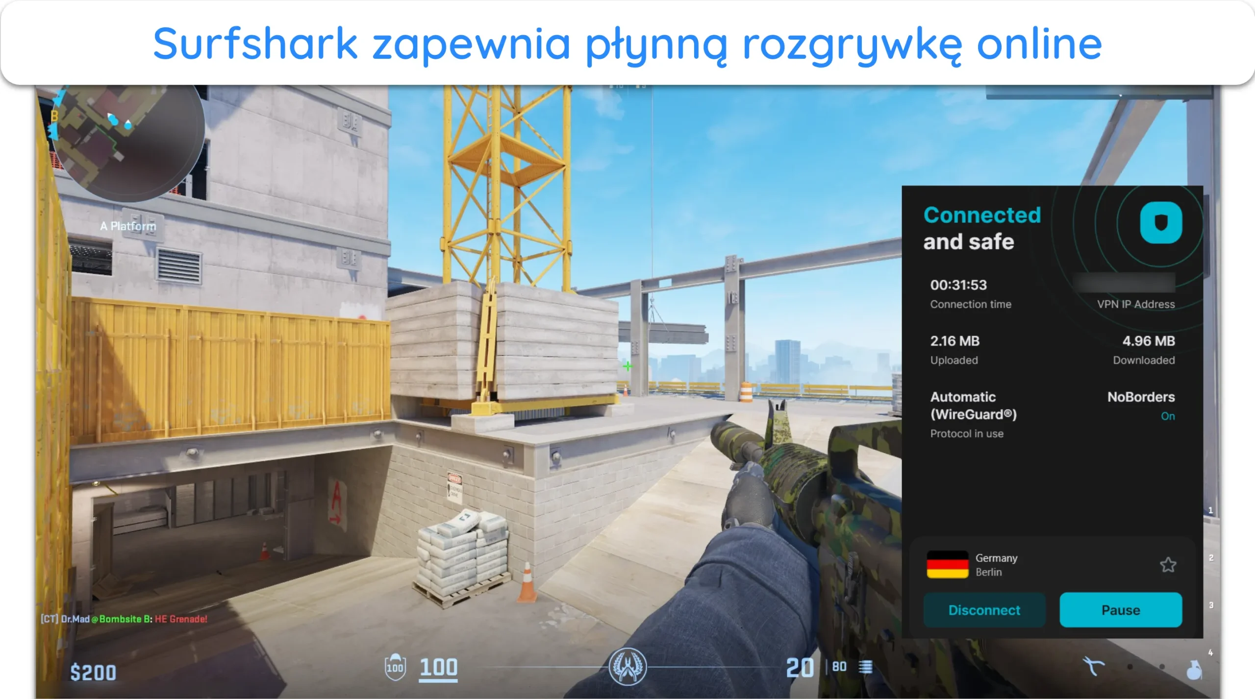 Zrzut ekranu pokazujący grę Counter Strike 2 działającą płynnie podczas połączenia z serwerem Surfshark w Niemczech.