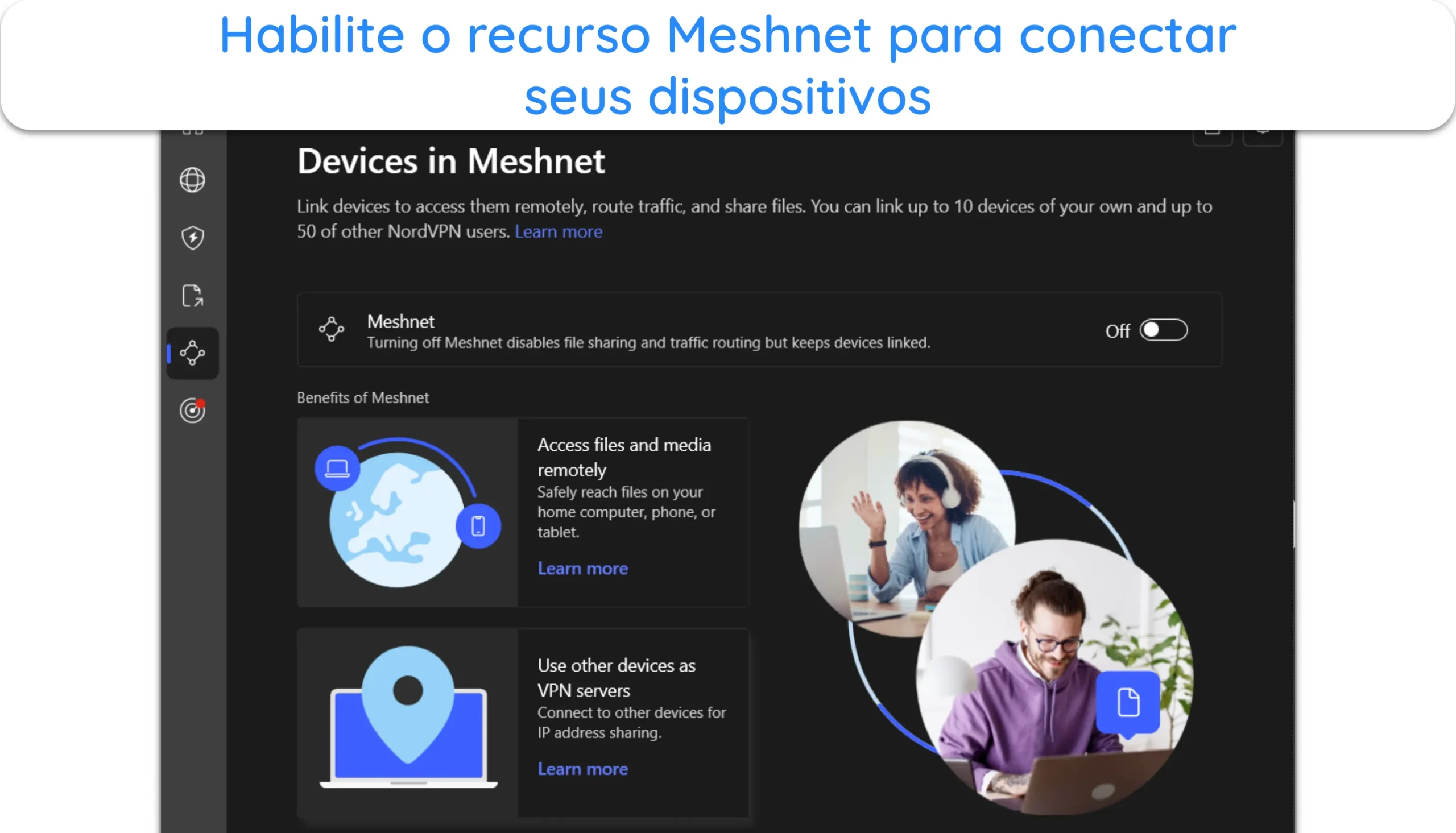 Captura de tela mostrando o recurso Meshnet no aplicativo para Windows da NordVPN.
