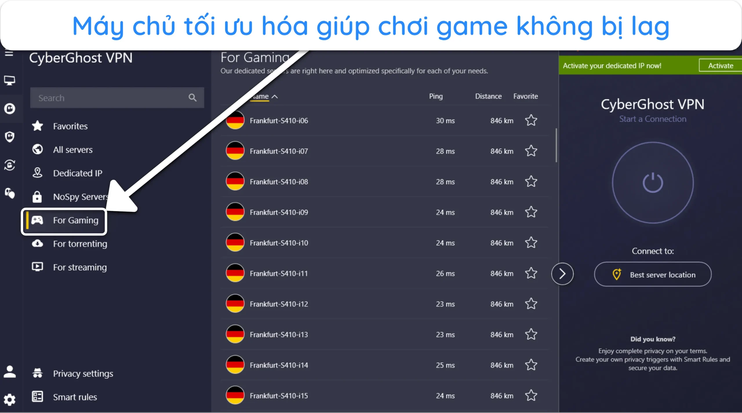 Ảnh chụp m&agrave;n h&igrave;nh hiển thị m&aacute;y chủ được tối ưu h&oacute;a cho tr&ograve; chơi của CyberGhost trong ứng dụng Windows.