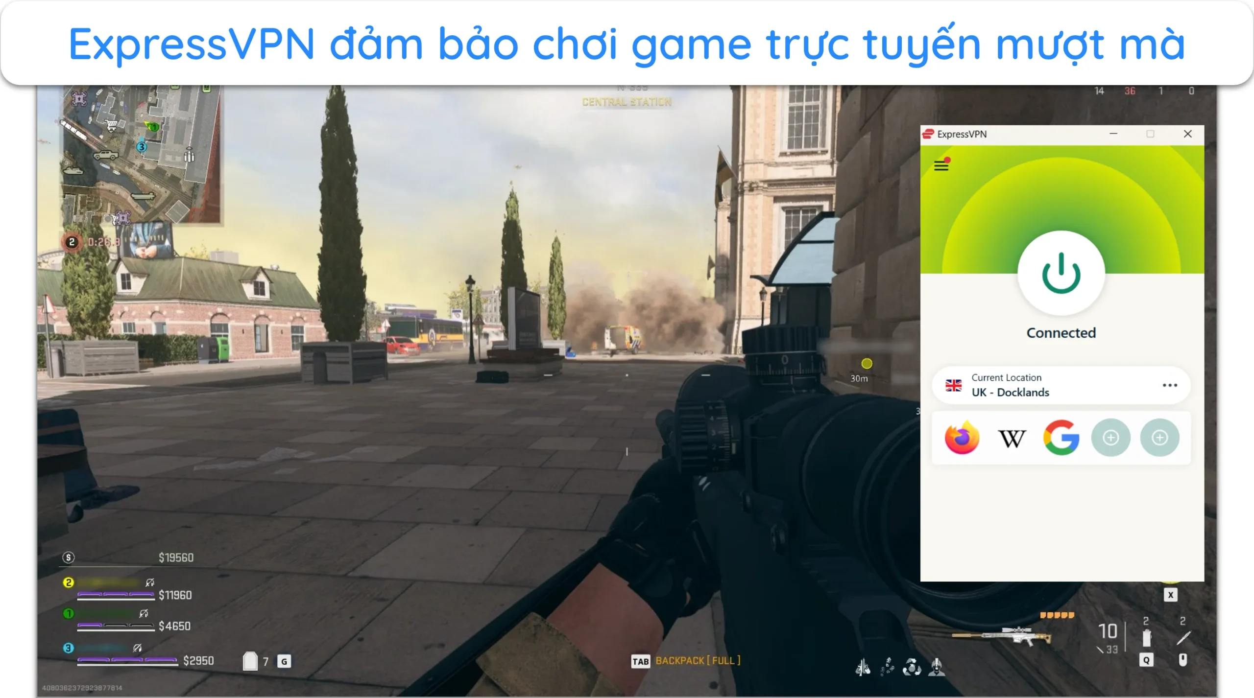 Ảnh chụp m&agrave;n h&igrave;nh ExpressVPN cung cấp kết nối mượt m&agrave; để chơi Call of Duty: Warzone kh&ocirc;ng bị trễ.