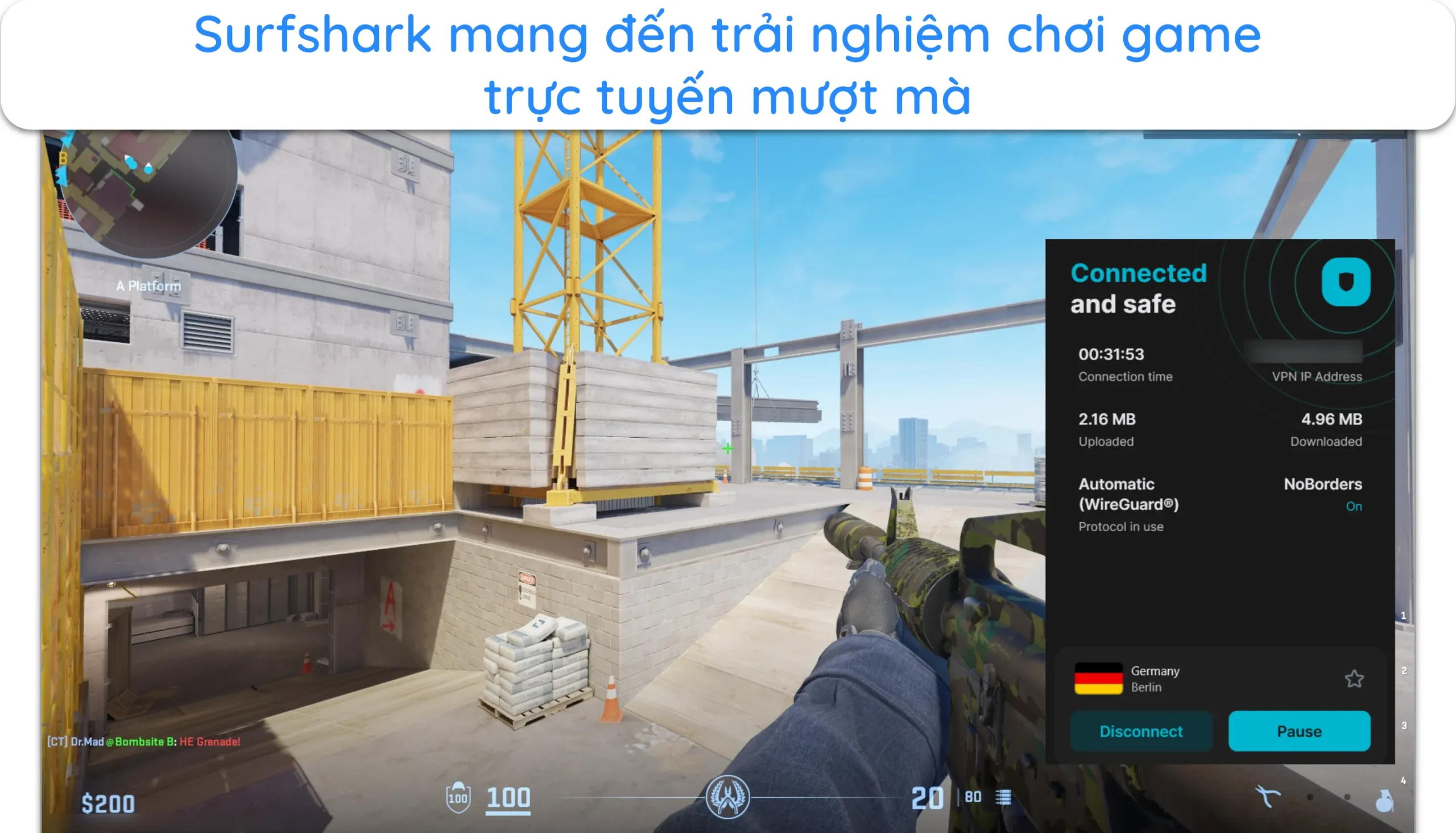 Ảnh chụp m&agrave;n h&igrave;nh hiển thị Counter Strike 2 chạy mượt m&agrave; khi kết nối với m&aacute;y chủ Surfshark ở Đức.