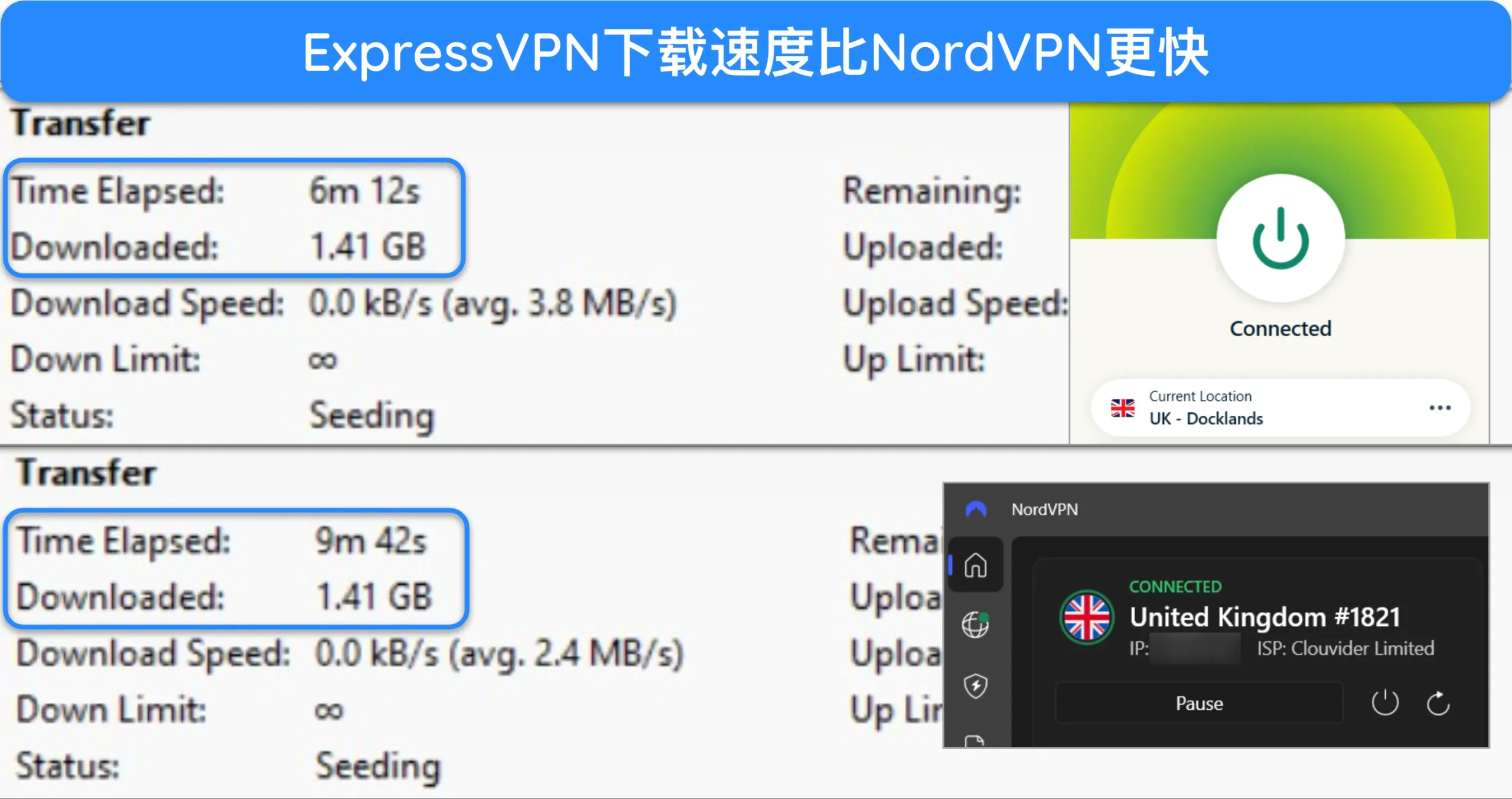 屏幕截图显示了连接到 ExpressVPN 和 NordVPN 时的种子下载速度。