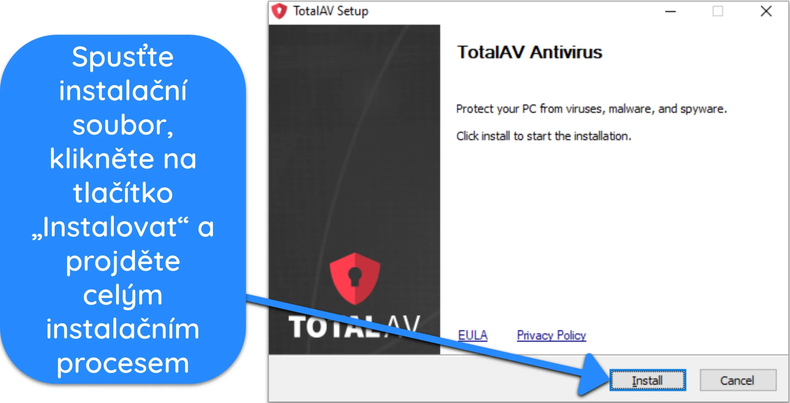 Sn&iacute;mek obrazovky s instalačn&iacute;m průvodcem TotalAV spu&scaron;těn&yacute;m ve Windows.