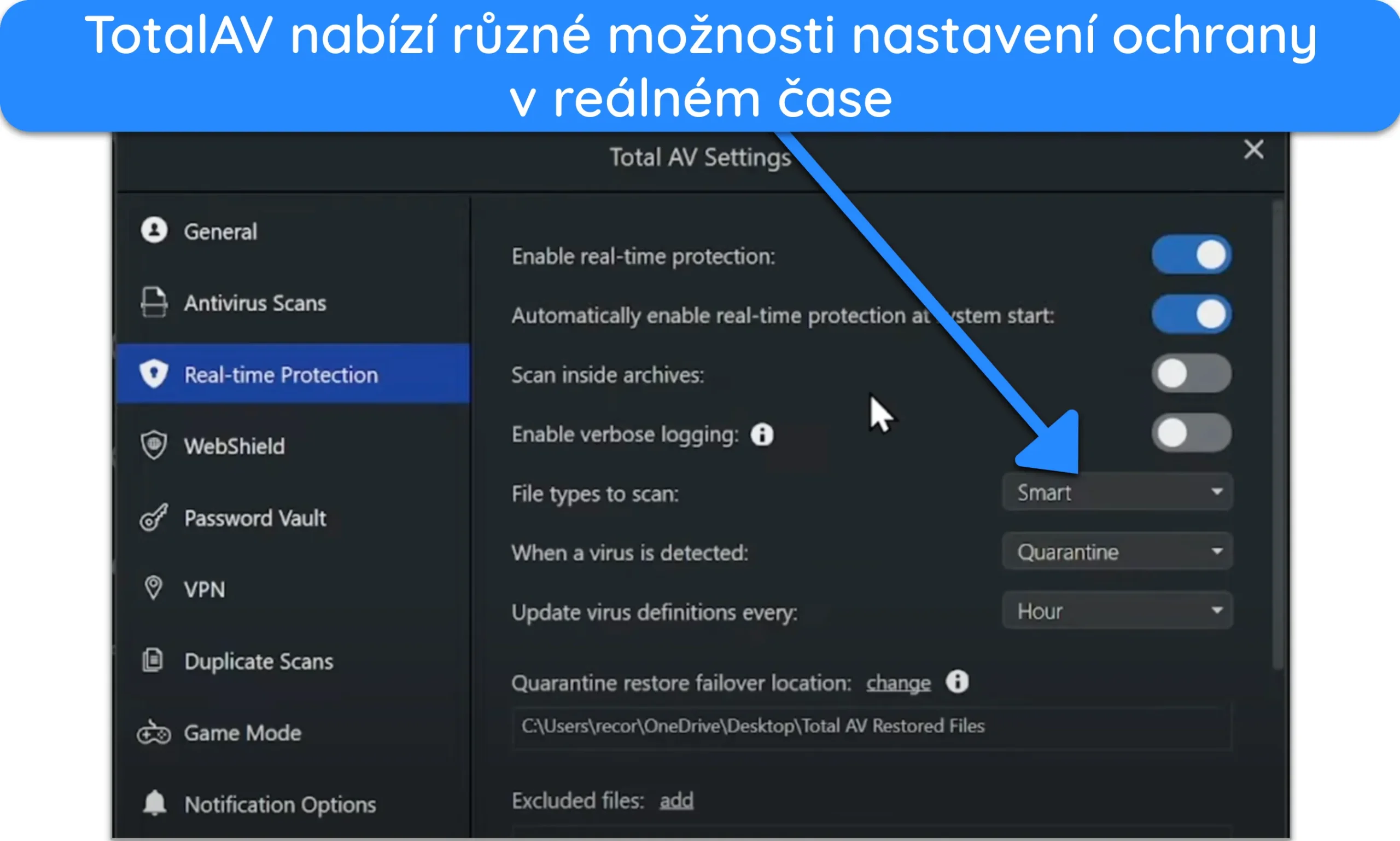 Sn&iacute;mek obrazovky s nastaven&iacute;m ochrany v re&aacute;ln&eacute;m čase TotalAV.