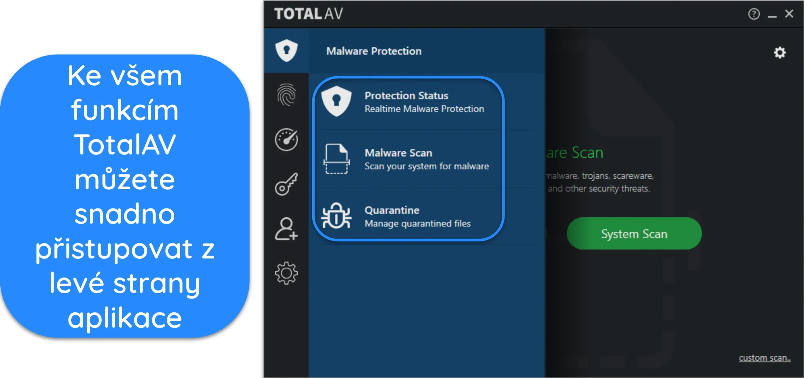 Sn&iacute;mek obrazovky s nab&iacute;dkou Ochrana před malwarem v desktopov&eacute; aplikaci TotalAV.