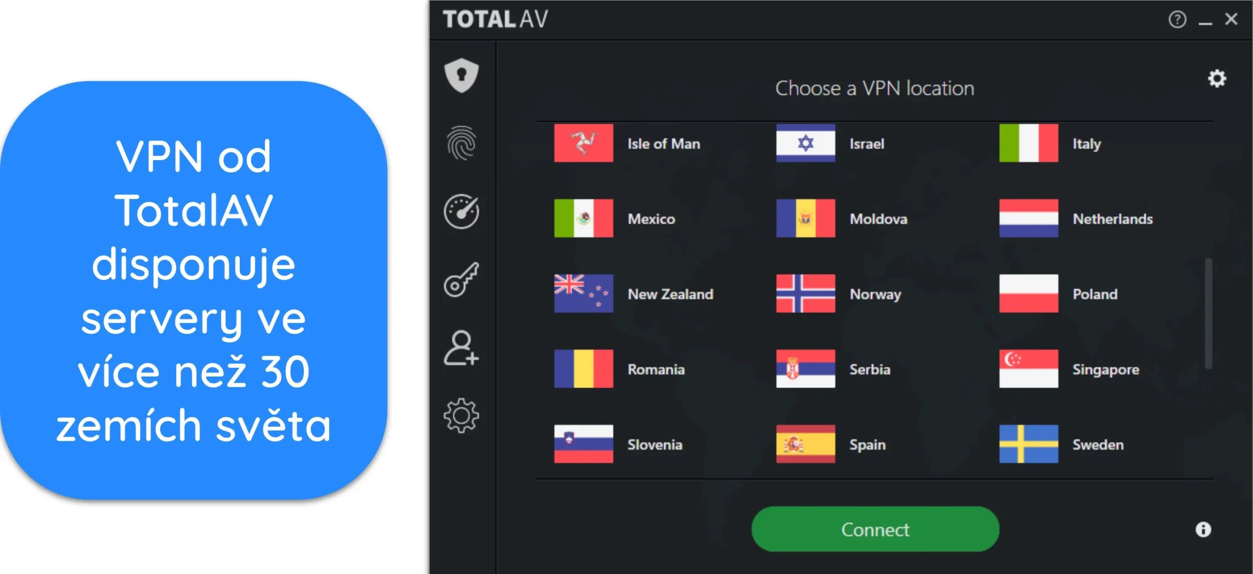 Sn&iacute;mek obrazovky se seznamem um&iacute;stěn&iacute; VPN serverů TotalAV.