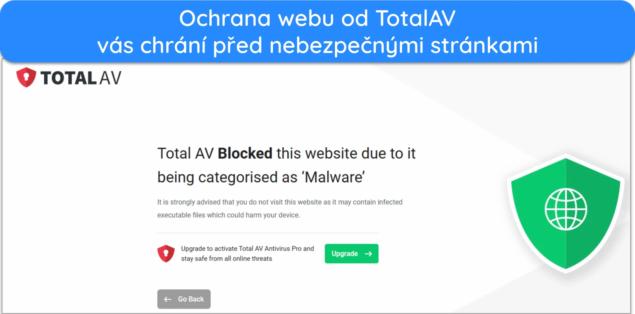 Sn&iacute;mek obrazovky s roz&scaron;&iacute;řen&iacute;m WebShield od TotalAV blokuj&iacute;c&iacute;m nebezpečn&yacute; web.