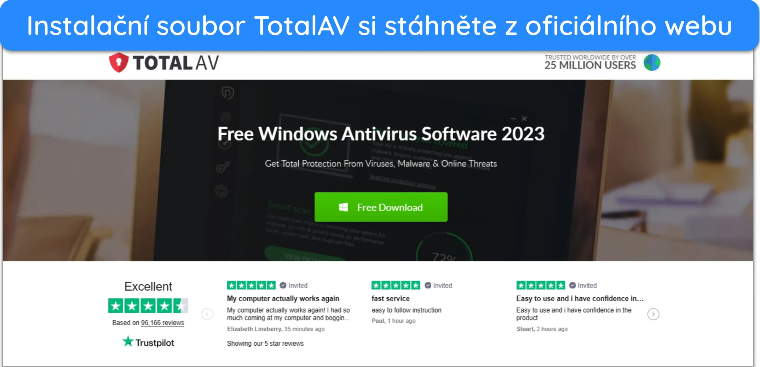 Sn&iacute;mek obrazovky zobrazuj&iacute;c&iacute; tlač&iacute;tko pro stažen&iacute; nastaven&iacute; pro Windows z ofici&aacute;ln&iacute;ch webov&yacute;ch str&aacute;nek TotalAV.
