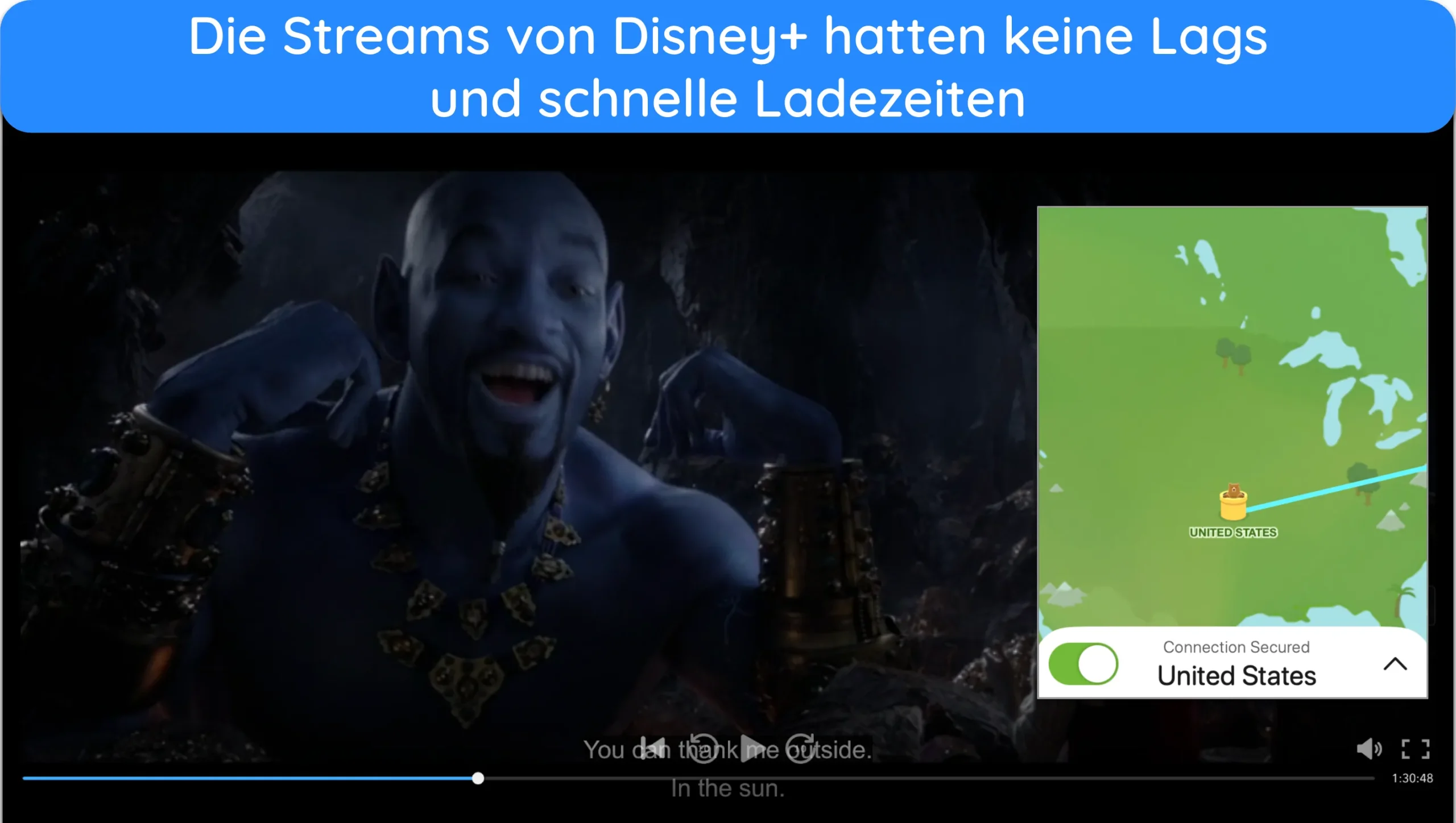 Screenshot von Aladdin auf Disney+ über den US-Server von TunnelBear.