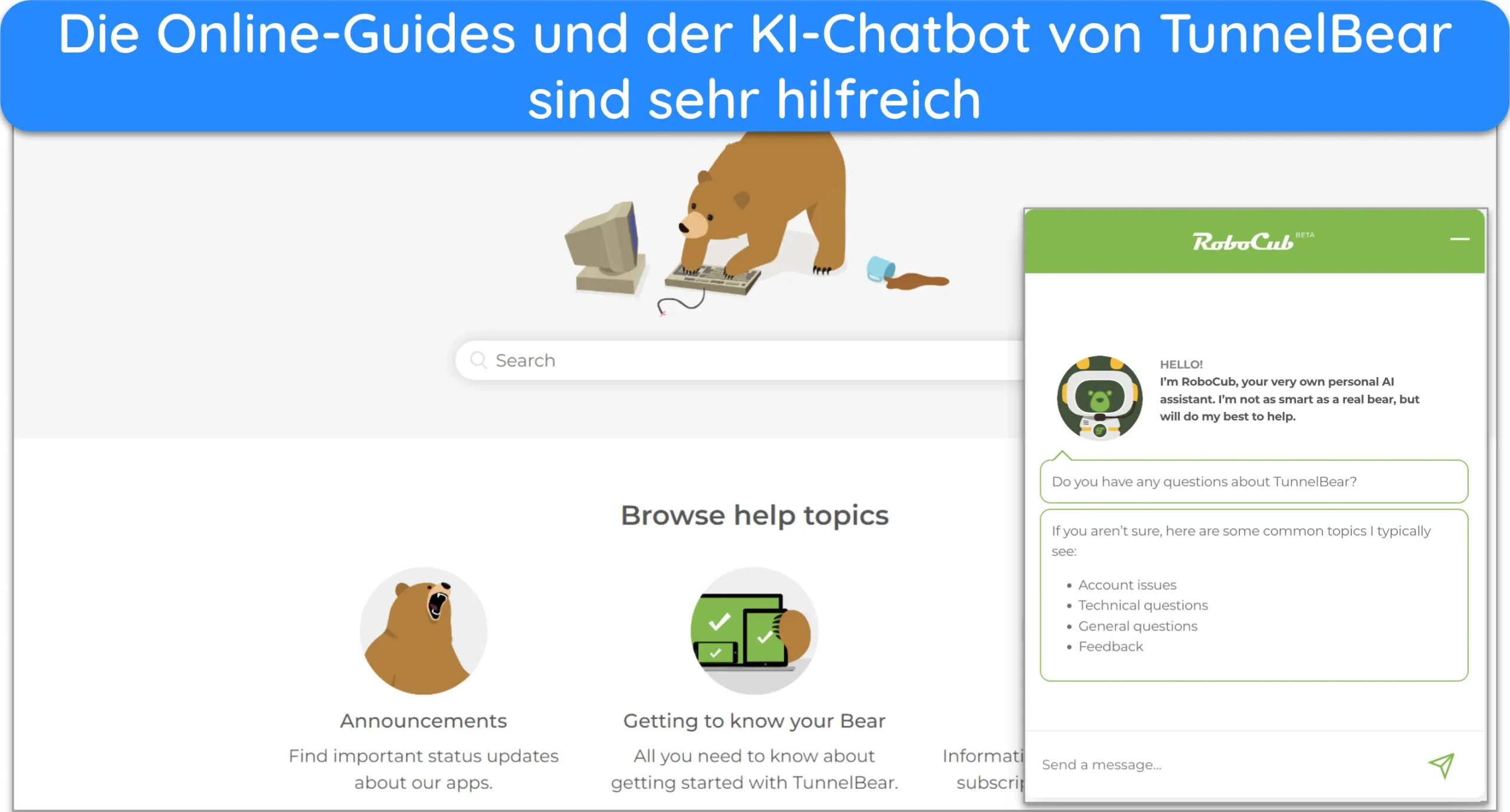 Screenshot der Online-Anleitungen und des KI-Chatbots von TunnelBear.