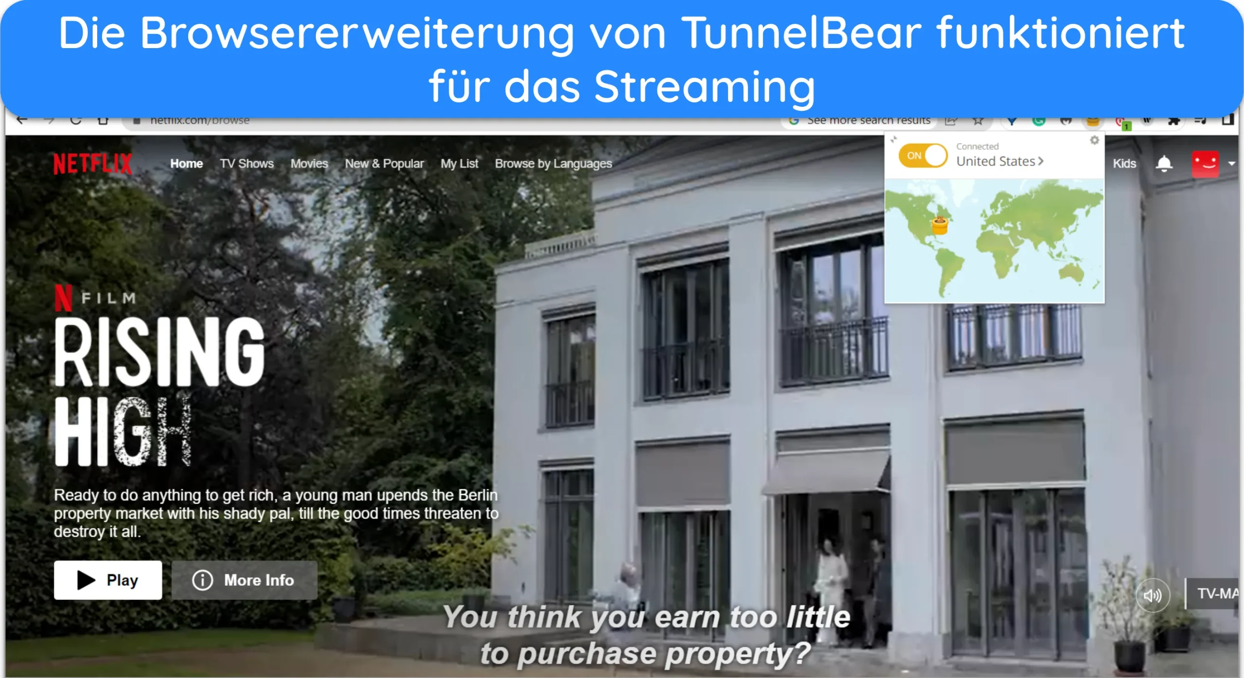 Screenshot von Netflix US mit der Browsererweiterung von TunnelBear, verbunden mit einem Server in den USA.