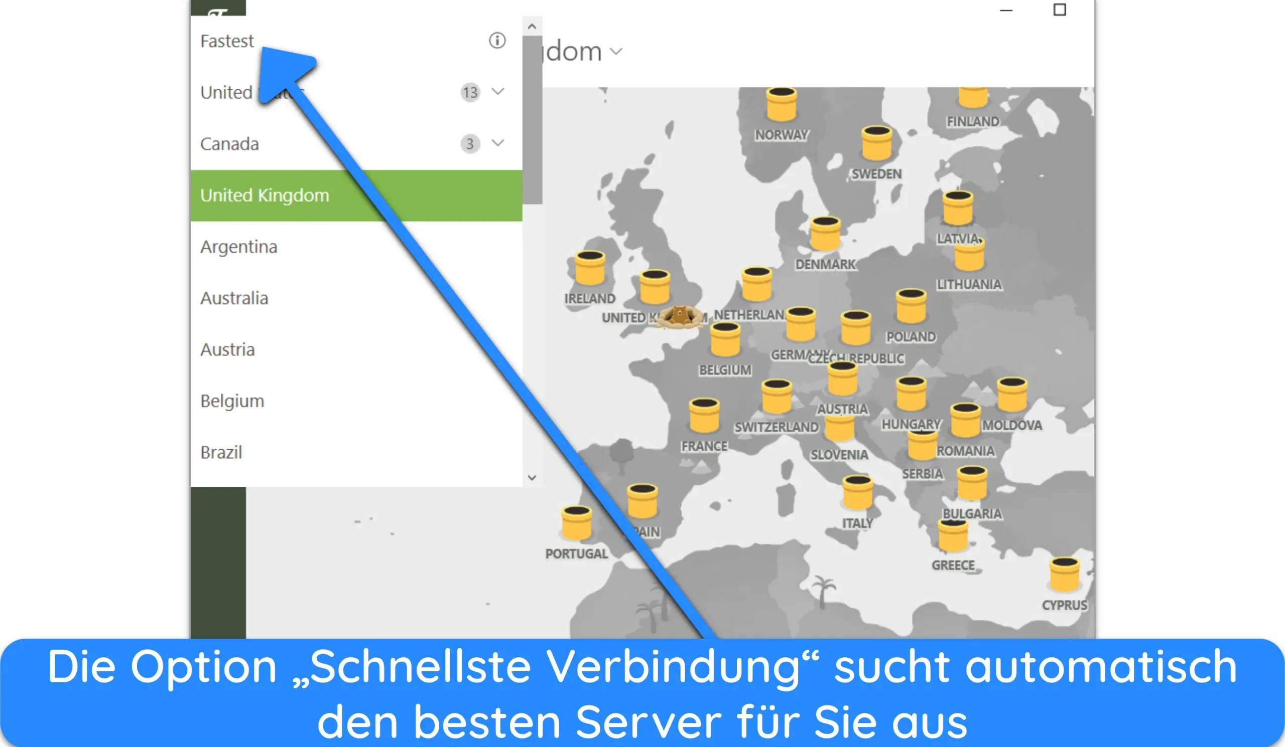 Screenshot der Serverliste von TunnelBear.