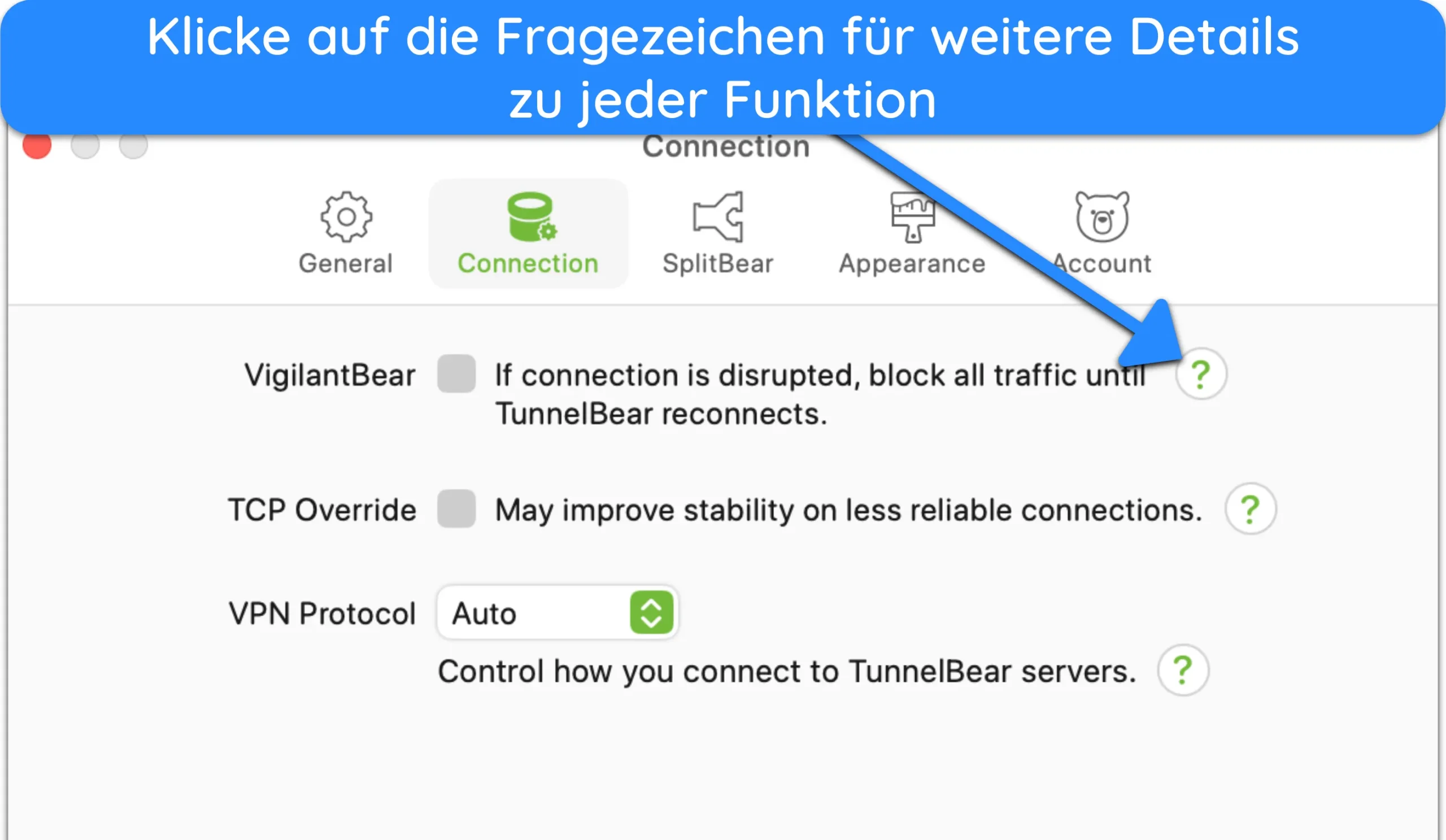 Screenshot des Einstellungsmenüs von TunnelBear mit Beschreibungen der VPN-Funktionen.