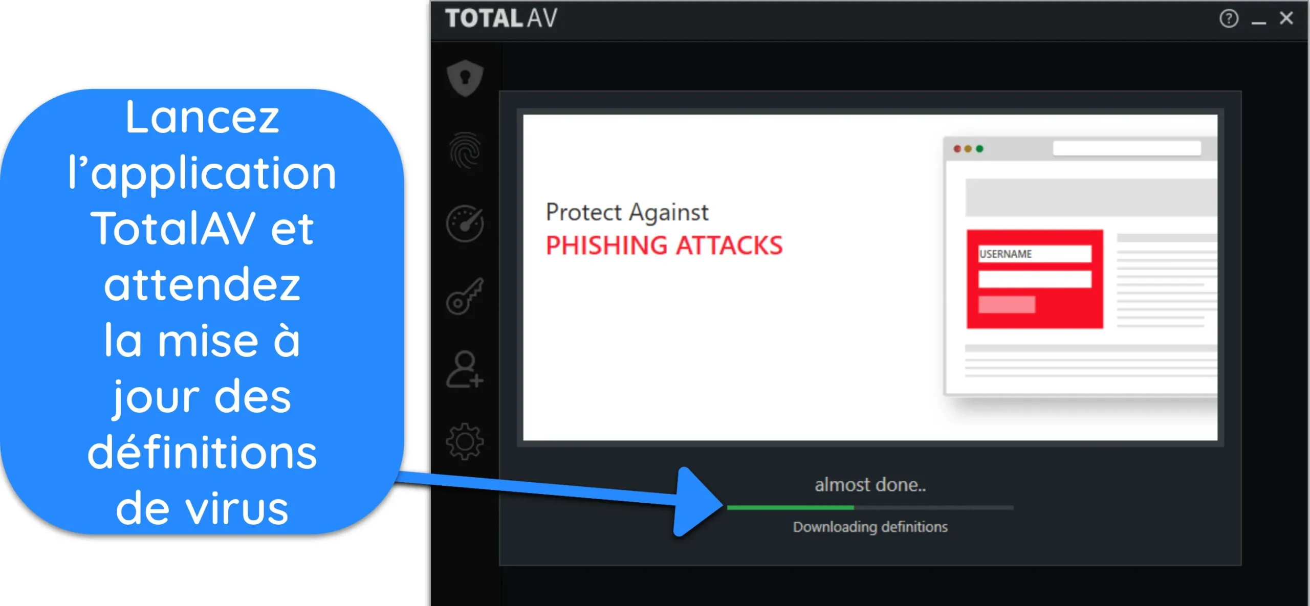 Capture d'&eacute;cran de TotalAV t&eacute;l&eacute;chargeant et mettant &agrave; jour les derni&egrave;res d&eacute;finitions de virus.