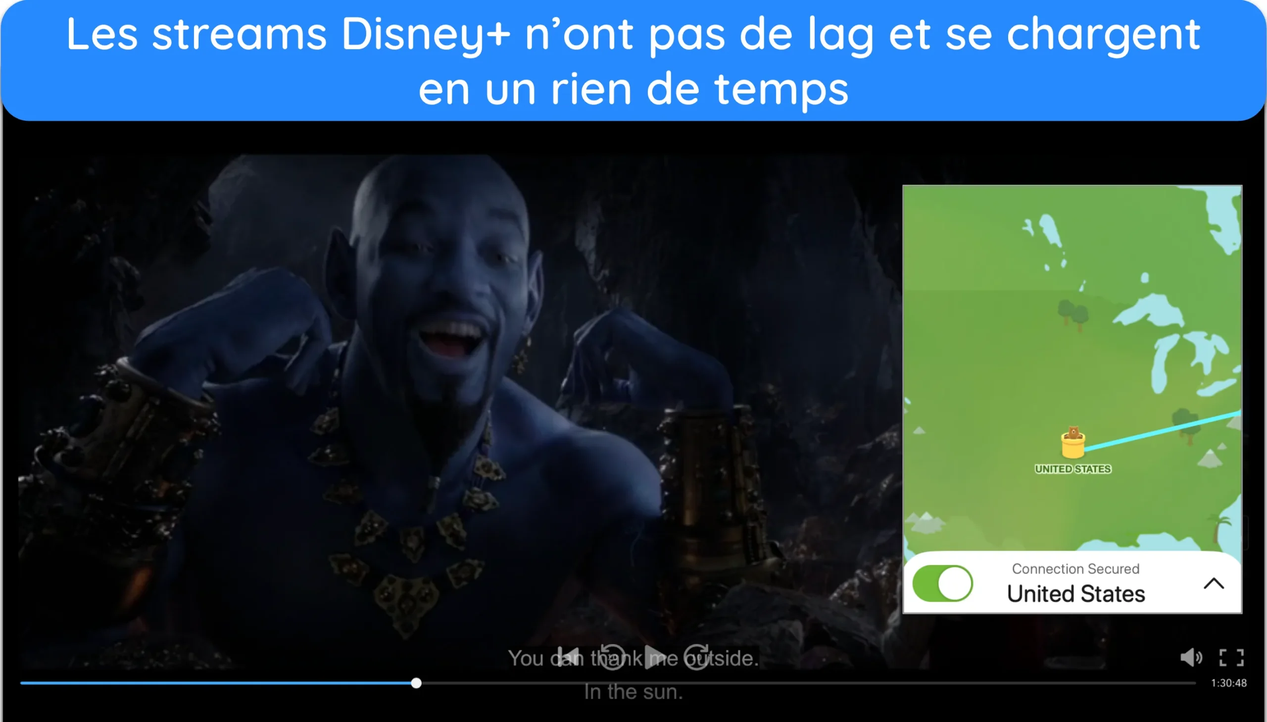 Capture d'écran d'Aladdin en streaming sur Disney+ via le serveur américain de TunnelBear.