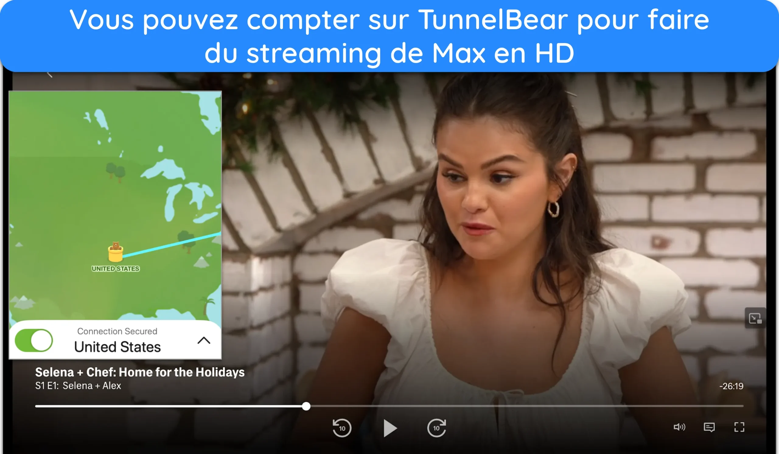 Capture d'écran de Selena + Alex en streaming HD sur Max via le serveur américain de TunnelBear.